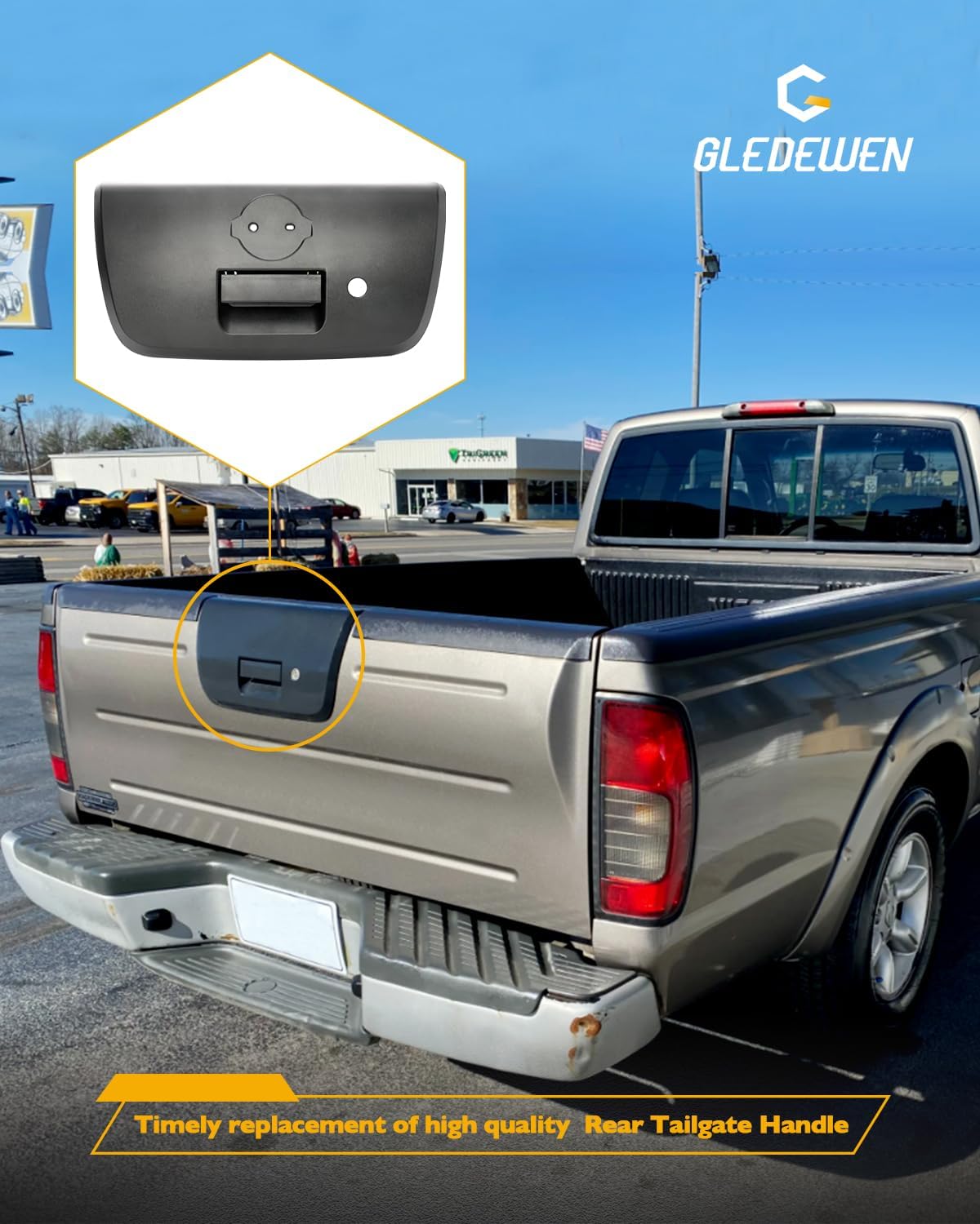 Gledewen Tailgate Latch Handle, Compatible with Nissan Frontier 2001-2004, Rear Exterior Textured Black Tail Gate Latch Lock Door Hnadle with Key Hole, Replaces# 906068Z400, NI1915102, 81575