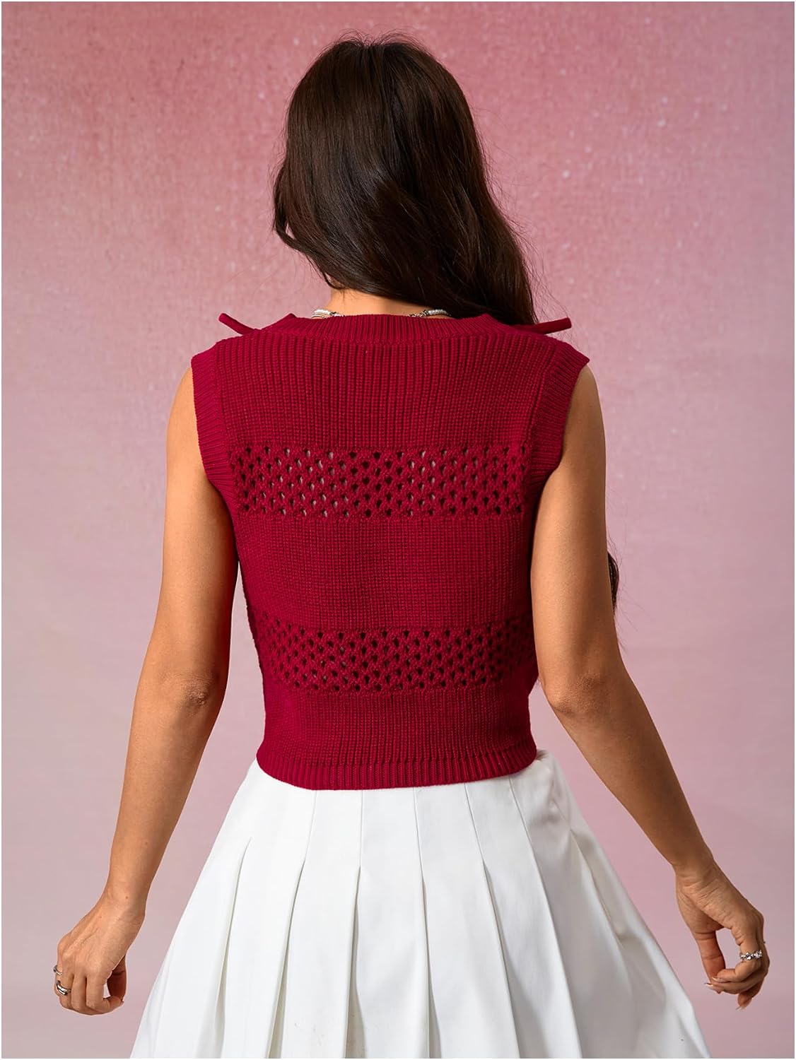 OYOANGLE Women's Bow Sweater Vest Cute Hollow Out Sleeveless Cropped Sweaters Knitwear