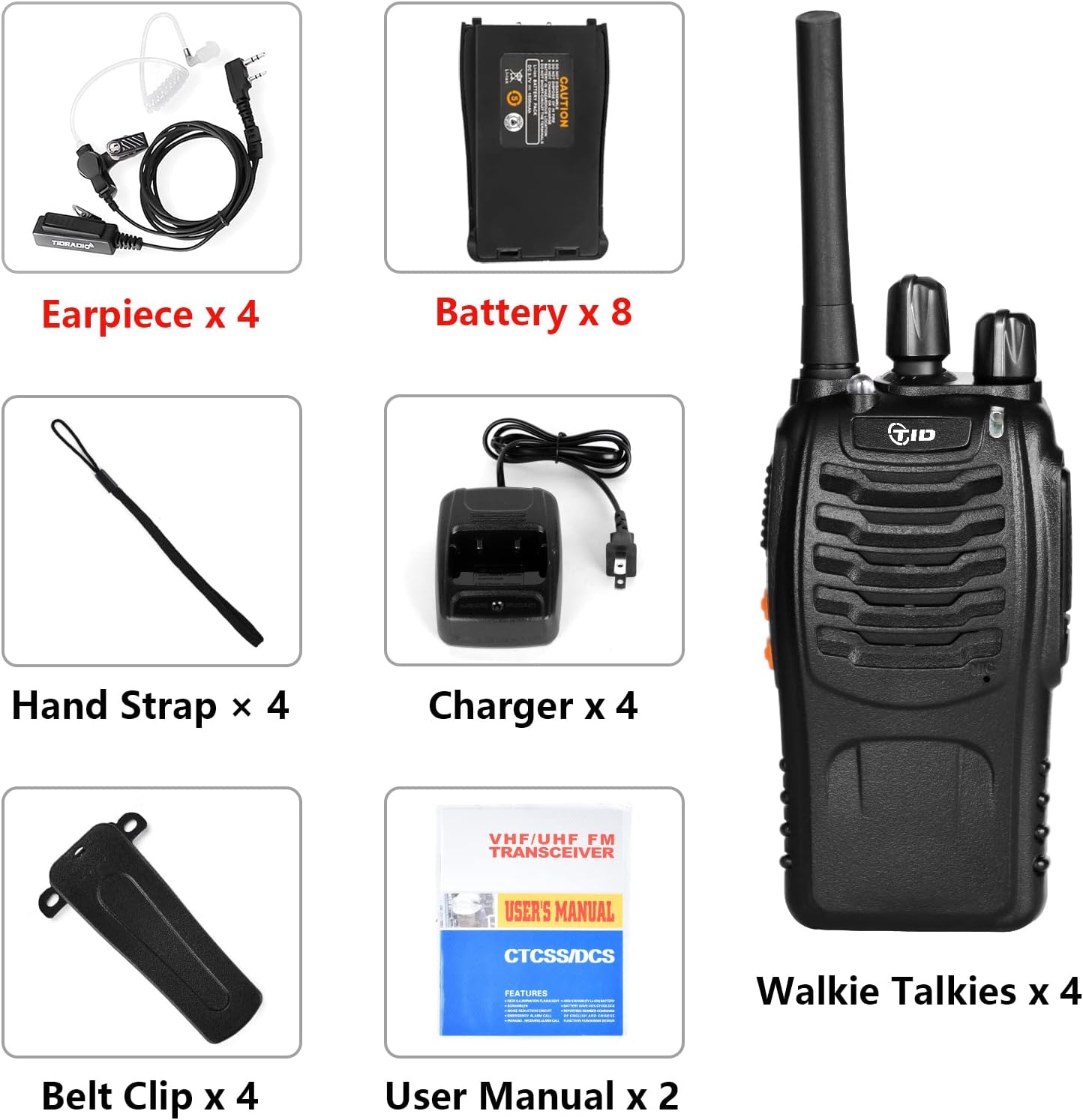 An organized display of all included accessories: 4 earpieces, 8 batteries, 4 hand straps, 4 chargers, 4 belt clips, 2 user manuals, and 4 walkie talkies.