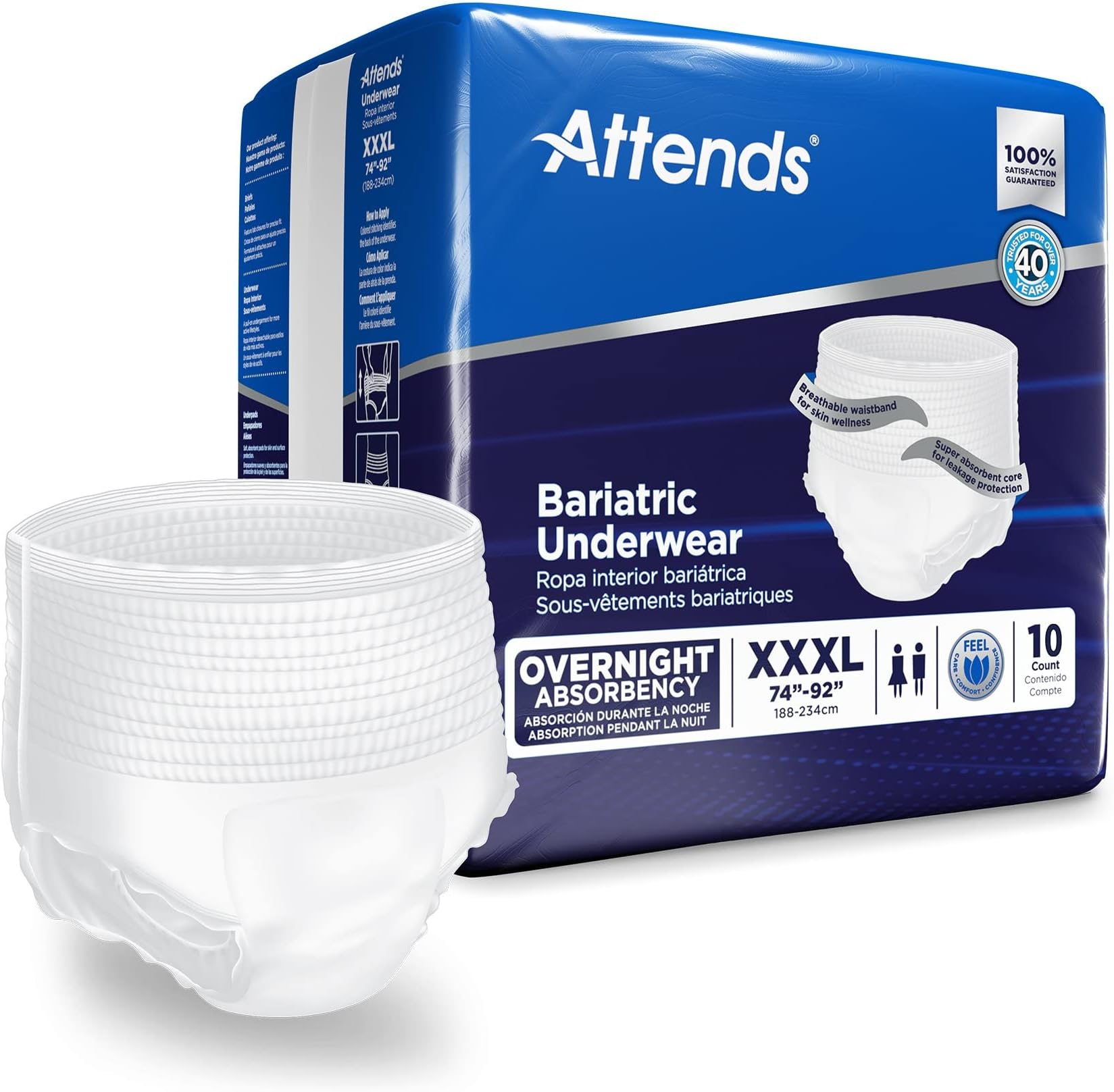 Bariatric Adult Incontinence Underwear, 3X-Large (74-92"), [10 Count] - Overnight Absorbency for Men and Women, Disposable Pull-On Diapers with Tear-Away Sides, AU60