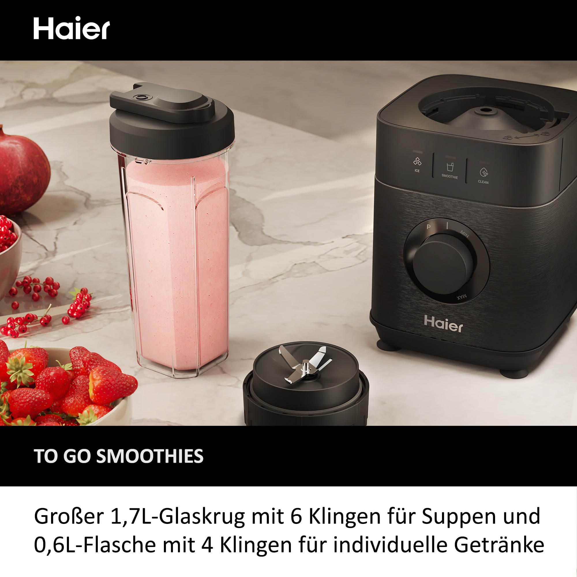 Haier Mixer mit Ice-Crush-Funktion & Smoothie Maker, 1200W I Standmixer mit 1,7L Glasbehälter & 0,6l To-Go-Flasche I Selbstreinigungsfunktion, Spülmaschinenfest & 5 Geschwindigkeiten [Serie 5-HBL5B2]