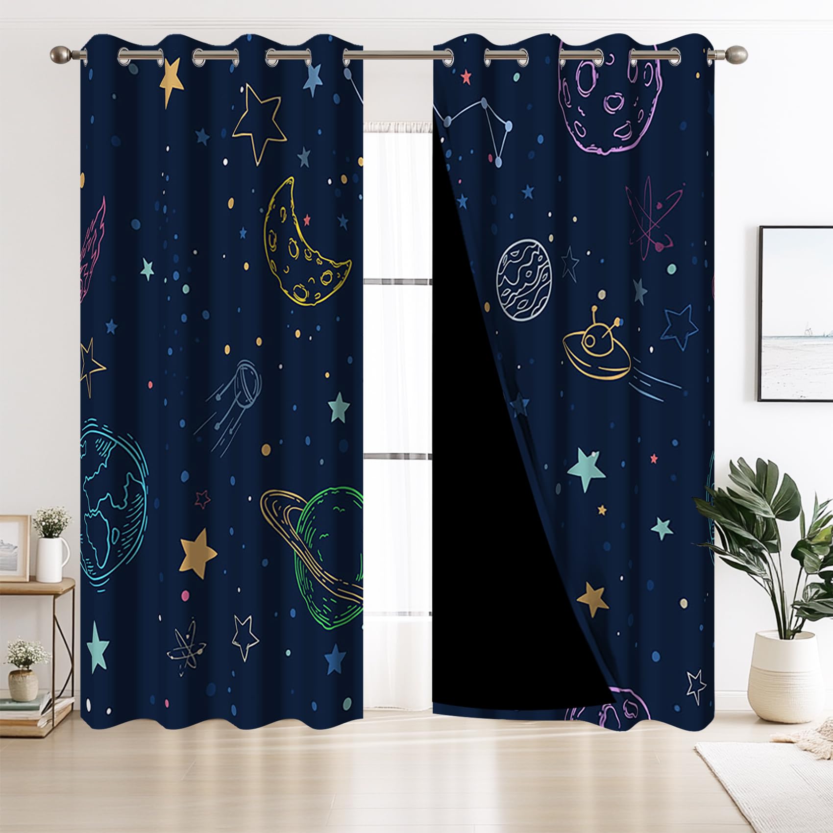 Kzzfqxb Drawing Universe Blackout Curtains, Starry Sky Planet Moon Window Drapes for Boys Bedroom Decor, Cartoon Curtain Panel with Thermal Insulated Grommet,2 Panels,Each W21 xL63