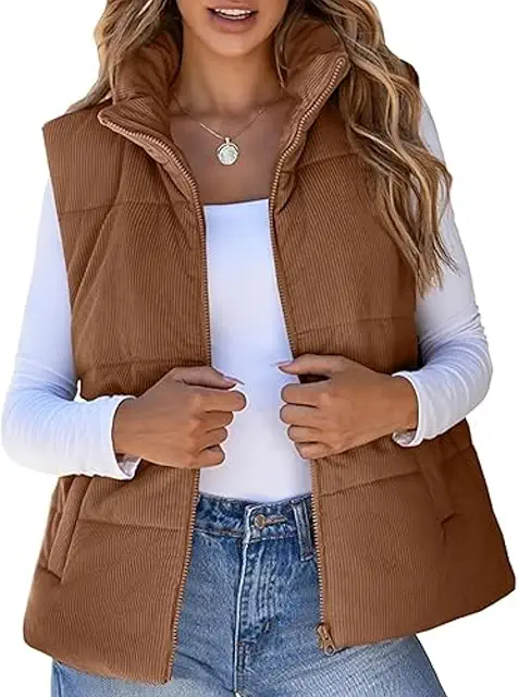 Gilet sans manche matelassé en velours côtelé à col montant pour femme