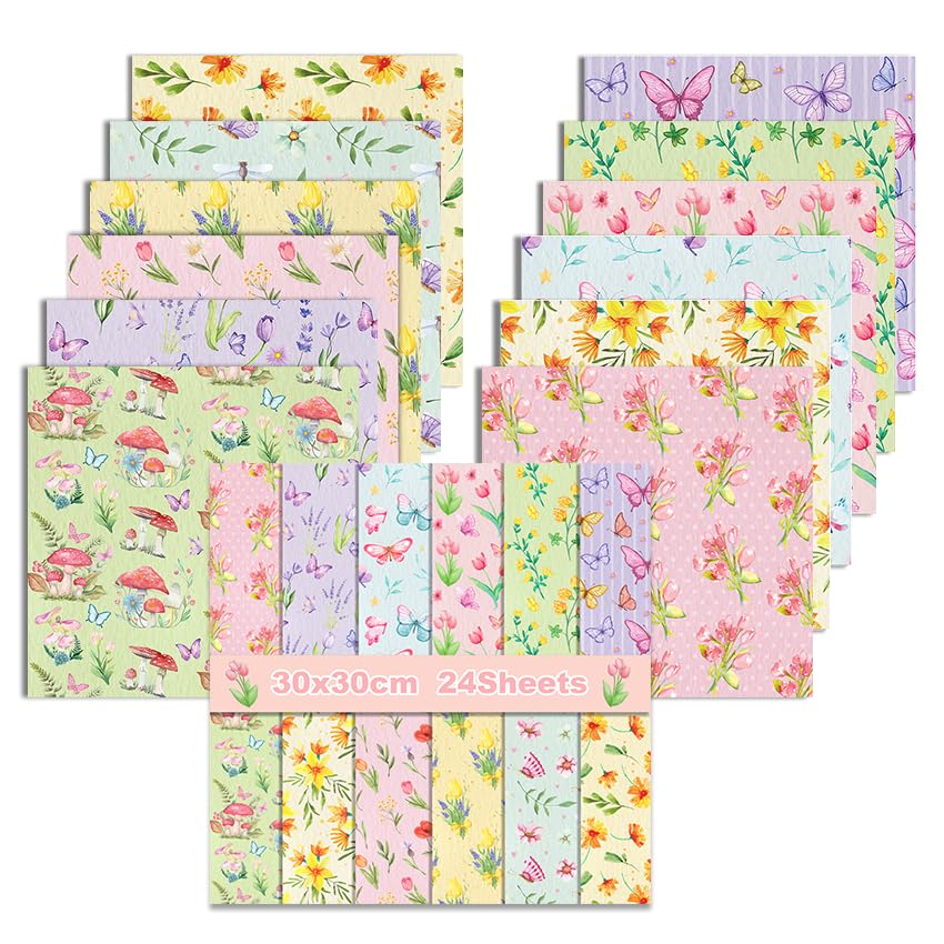 24 Sheets Scrapbook Paper, 11.8 x 11.8 inch, Flower Scrapbooking Supplies, 12 Designs Double-Sided Decorative Craft Papers for DIY Photo, Album and Scrapbook Decoration (Pink, 30x30cm)