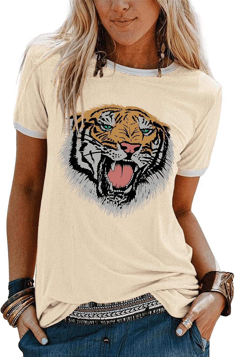 Women Tiger Print Shirt Crew Neck Funny Cute Animal Graphic Short Sleeve Loose Tee Shirt