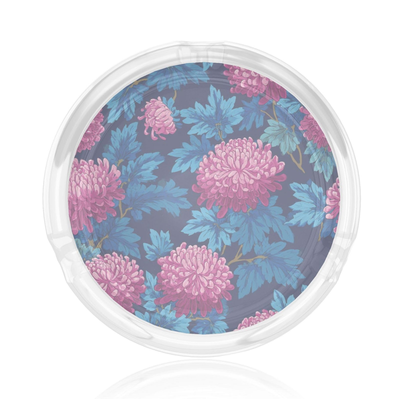 Pink Chrysanthemum Flowers And Blue Leaves Glass Ashtray For Cigarettes Ash Trays Case For Home Office Decor