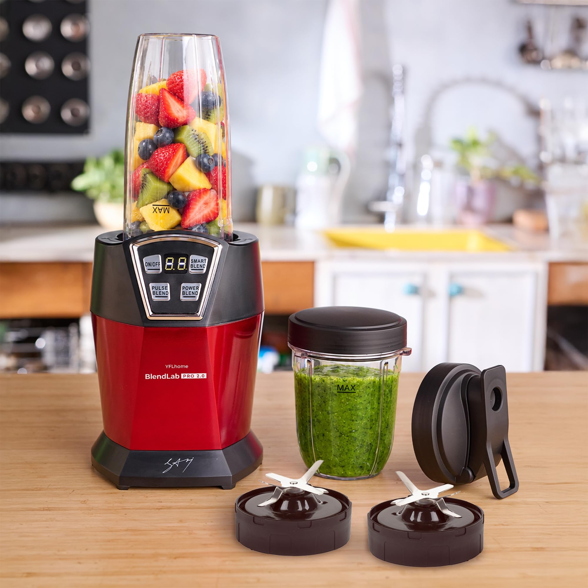 - YFL Home by Chef Sanjyot Keer BlendLab Pro 2.0 Mixer Grinder, 1200W Blender for Kitchen, 2 Unbreakable Jars, 100% Copper Motor, Smoothie Maker with Preset Modes, Laser Cut SS Blades (Red)