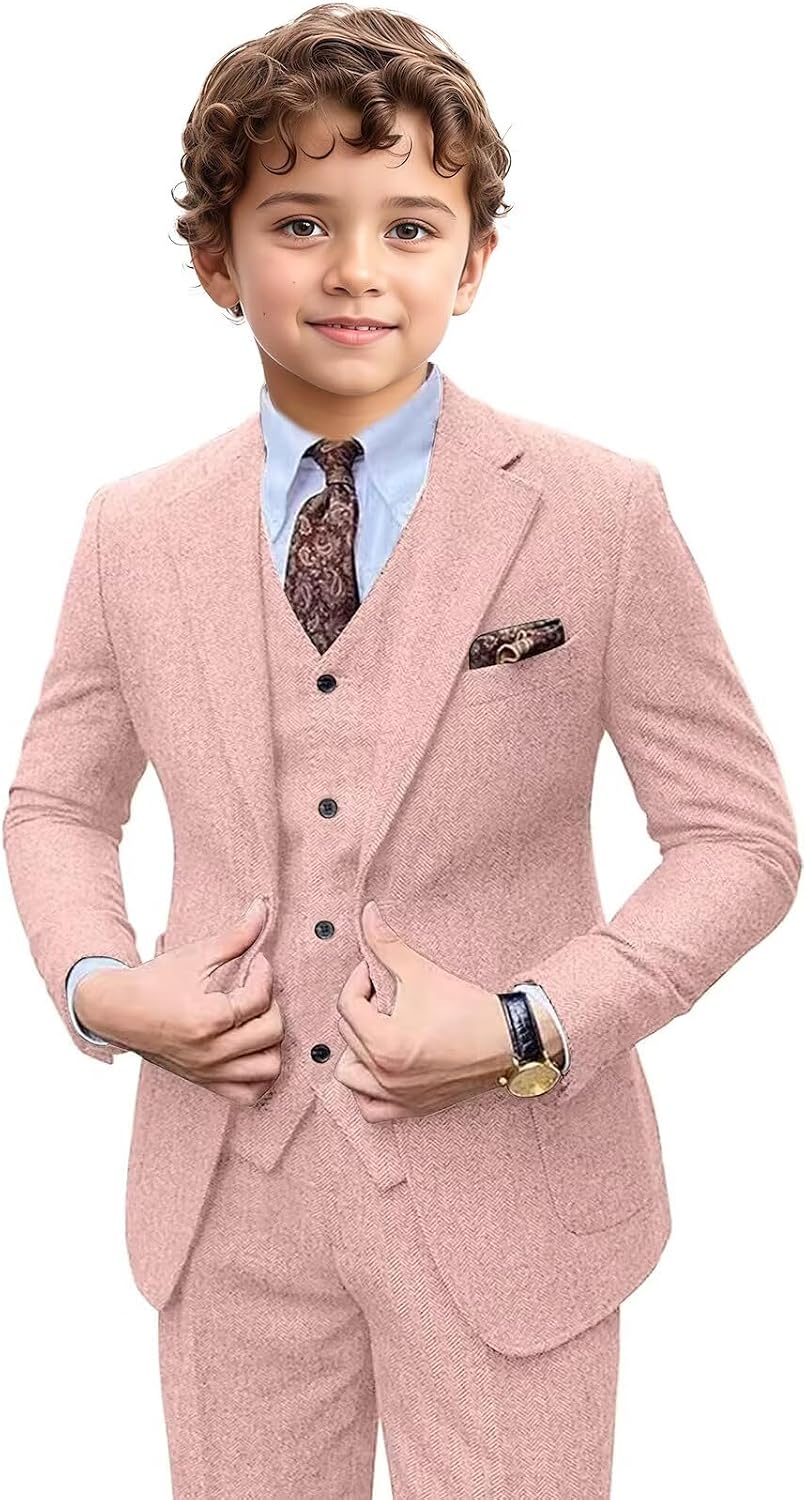 Boy Suits Tweed 3 Pieces Herringbone Slim Fit Formal Vintage Vest Blazer Pants Wedding Homecoming Set