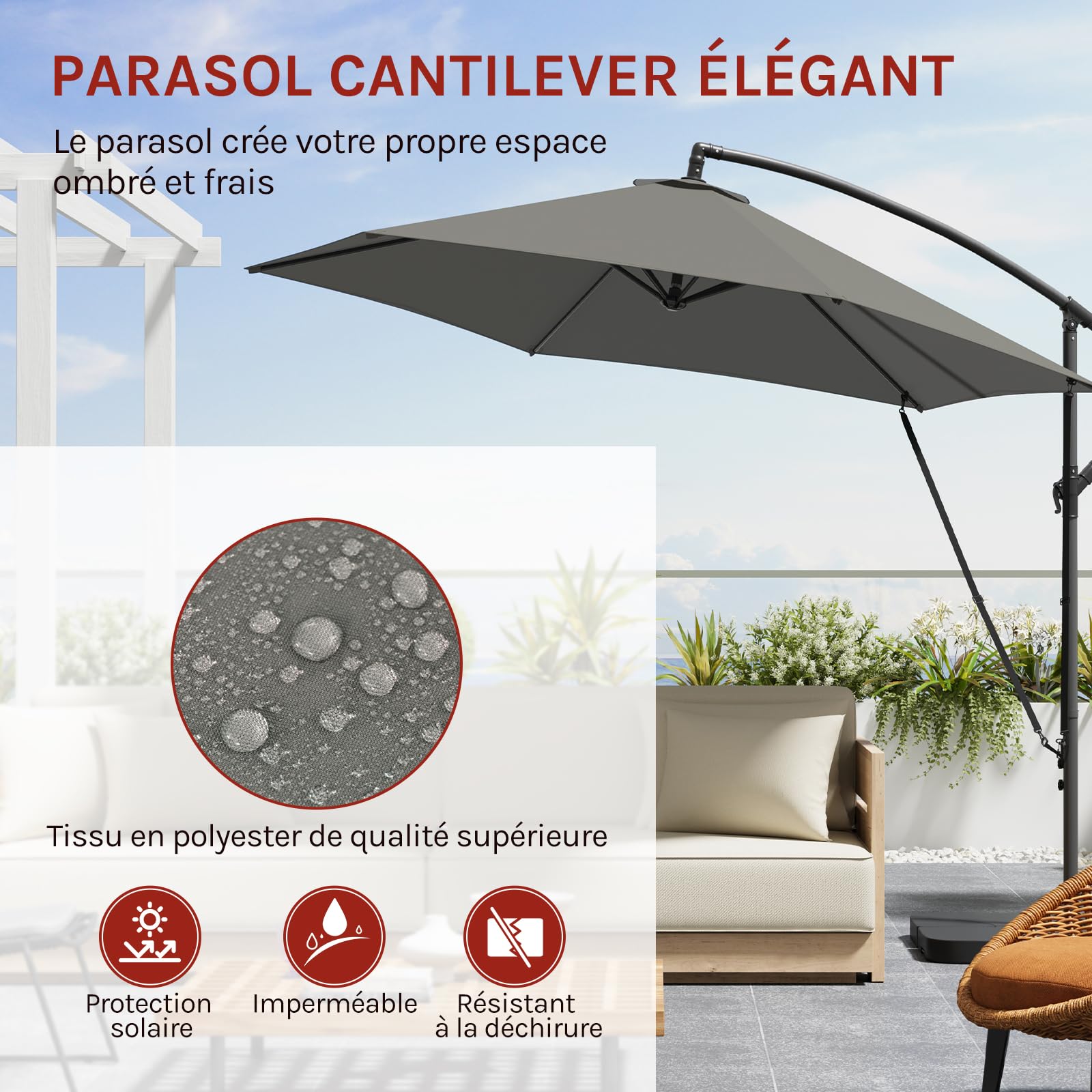 WOLTU Parasol Cantilever, Parasol de Jardin Suspendu Ø 310cm, avec Protection UV, Inclinable, Portable, avec Housse, Parasol Déporté Rond pour Balcon/Jardin/Plage