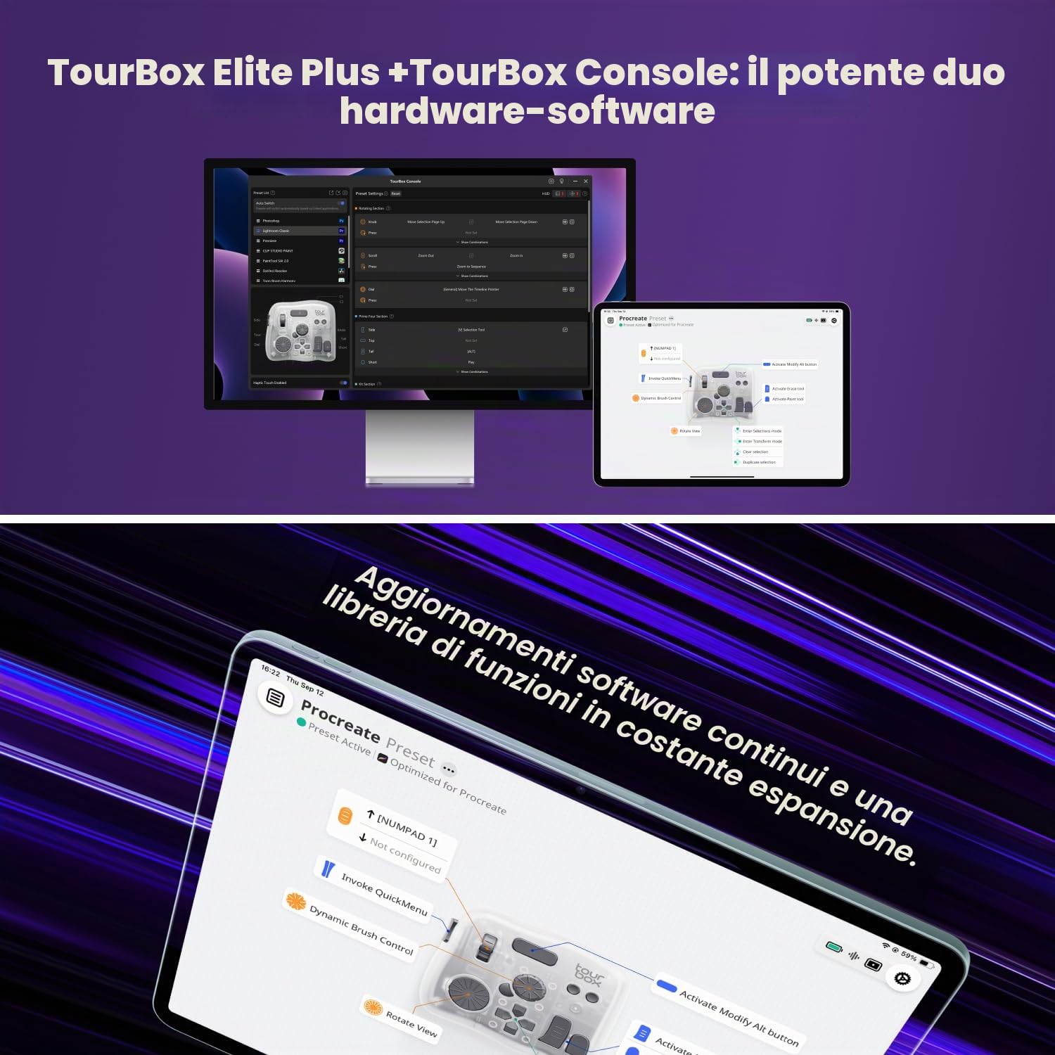 TourBox Elite Plus - iPad Disegno, Controller Bluetooth per Montaggio Video Fotografico, Console Creativa iPad/Mac/Windows, Tastiera Programmabile per Procreate, Lightroom, Photoshop, DaVinci -Bundle