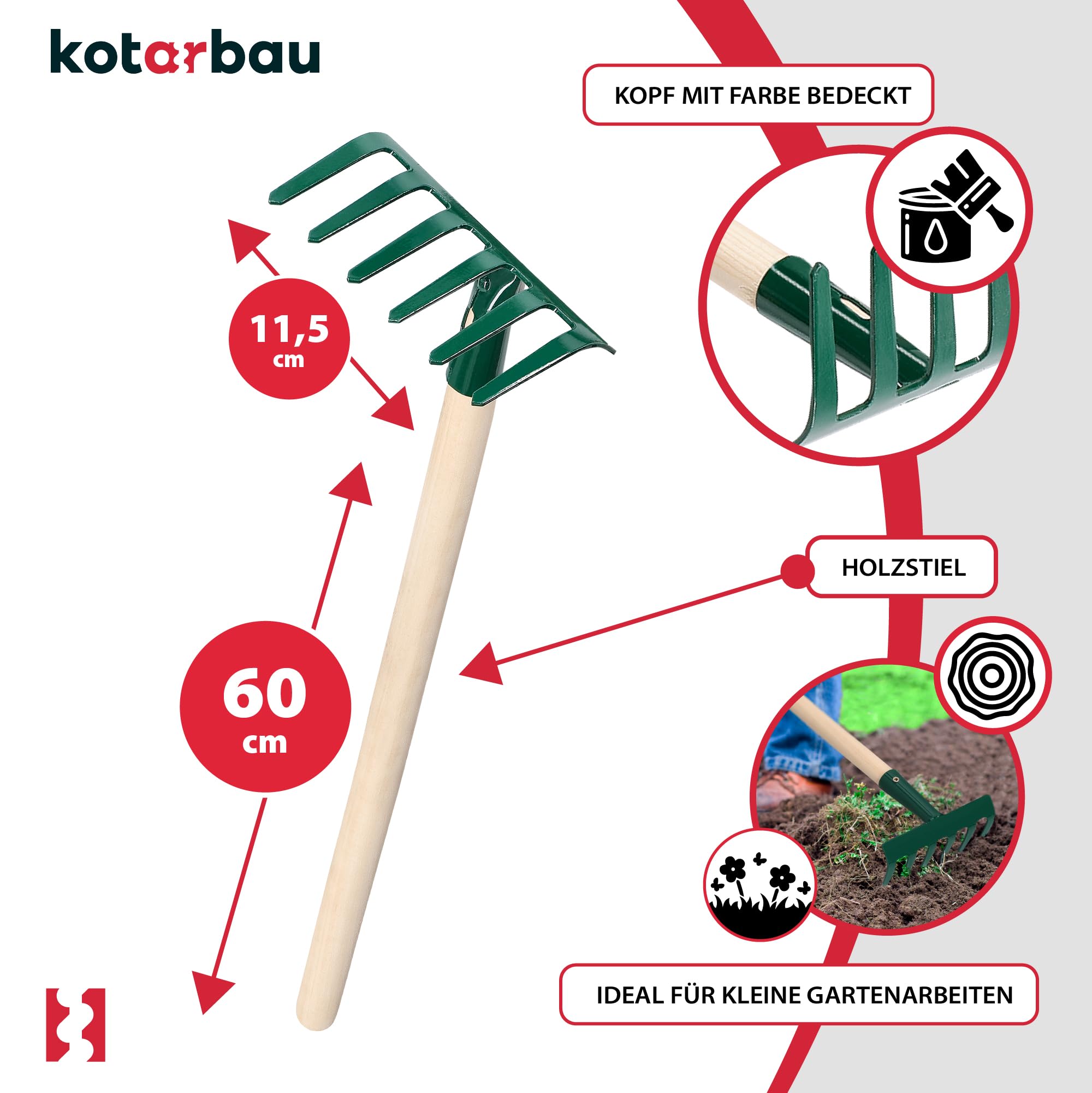 KOTARBAU® Grabki Metalowe - 11,5 cm - Grabie do Rabat - Grabki Ogrodowe - 6 Zębów - Zielone - Drewniany Trzonek - 60 cm