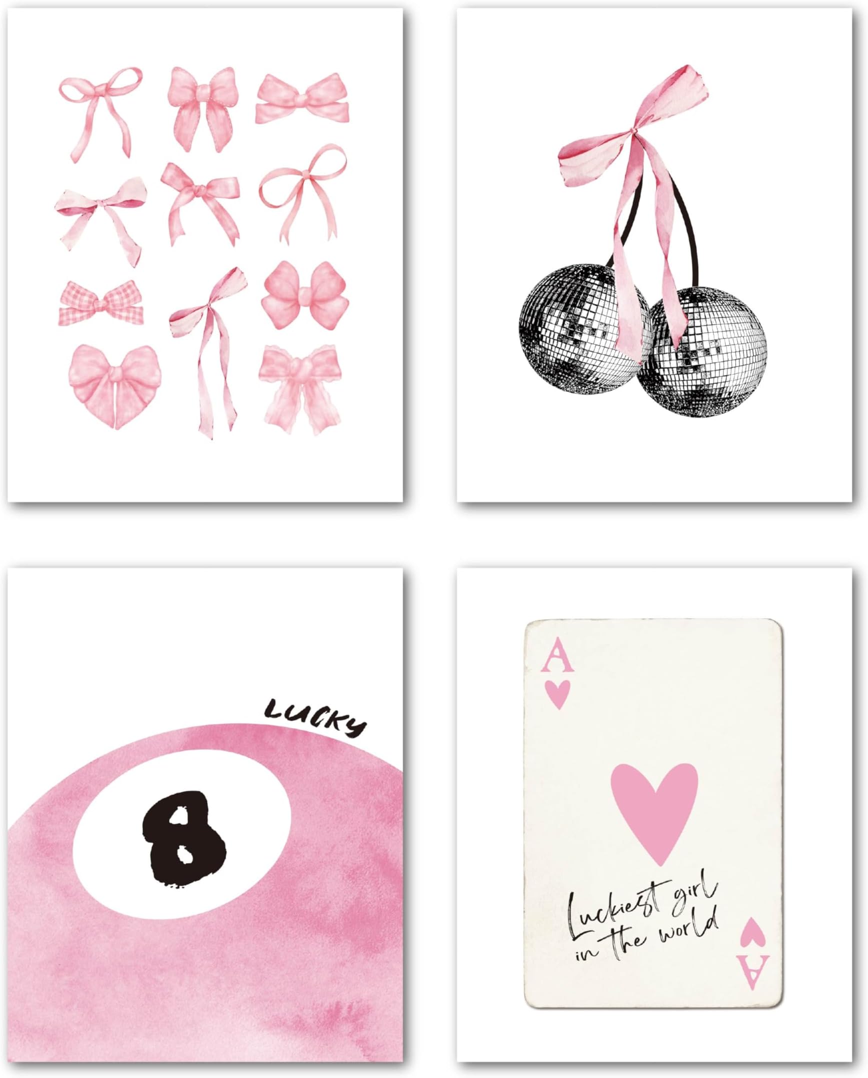 LiTiuPreppy Coquette Room Decor, Posters for Room Aesthetic Set of 4, Pink Cherry Bow Lucky 8 Ball Coquette Wall Decor Posters for Girls Bedroom Dorm, 8x10 in Poster (Unframed)