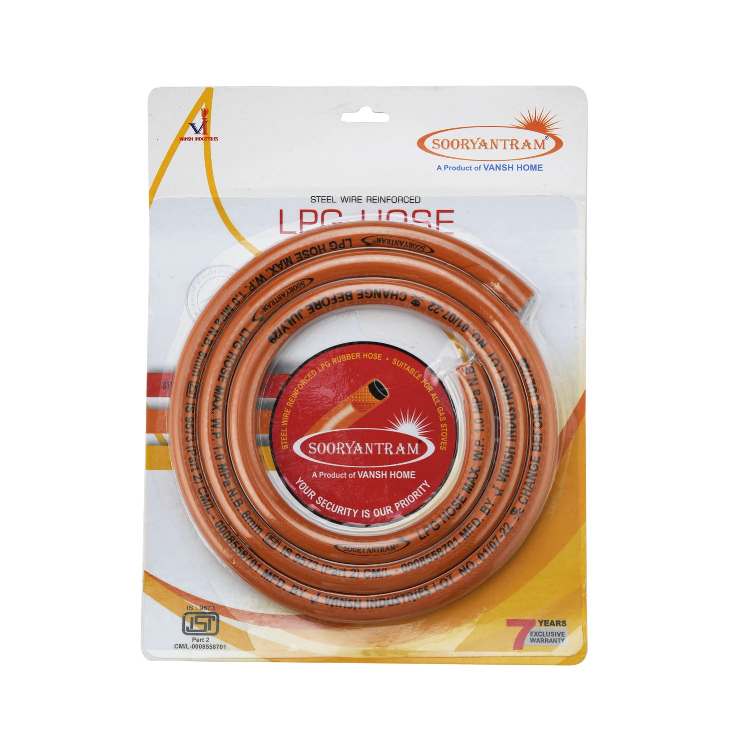 SOORYANTRAM LPG Hose Gas Pipe 1.5 Meter(Pouch Pack) | ISI Certified | 100% Flame Resistant | Made with Reinforced Steel | 7 Year Warranty (Hose Gas Pipe 1.5 Meter(Blister Pack))