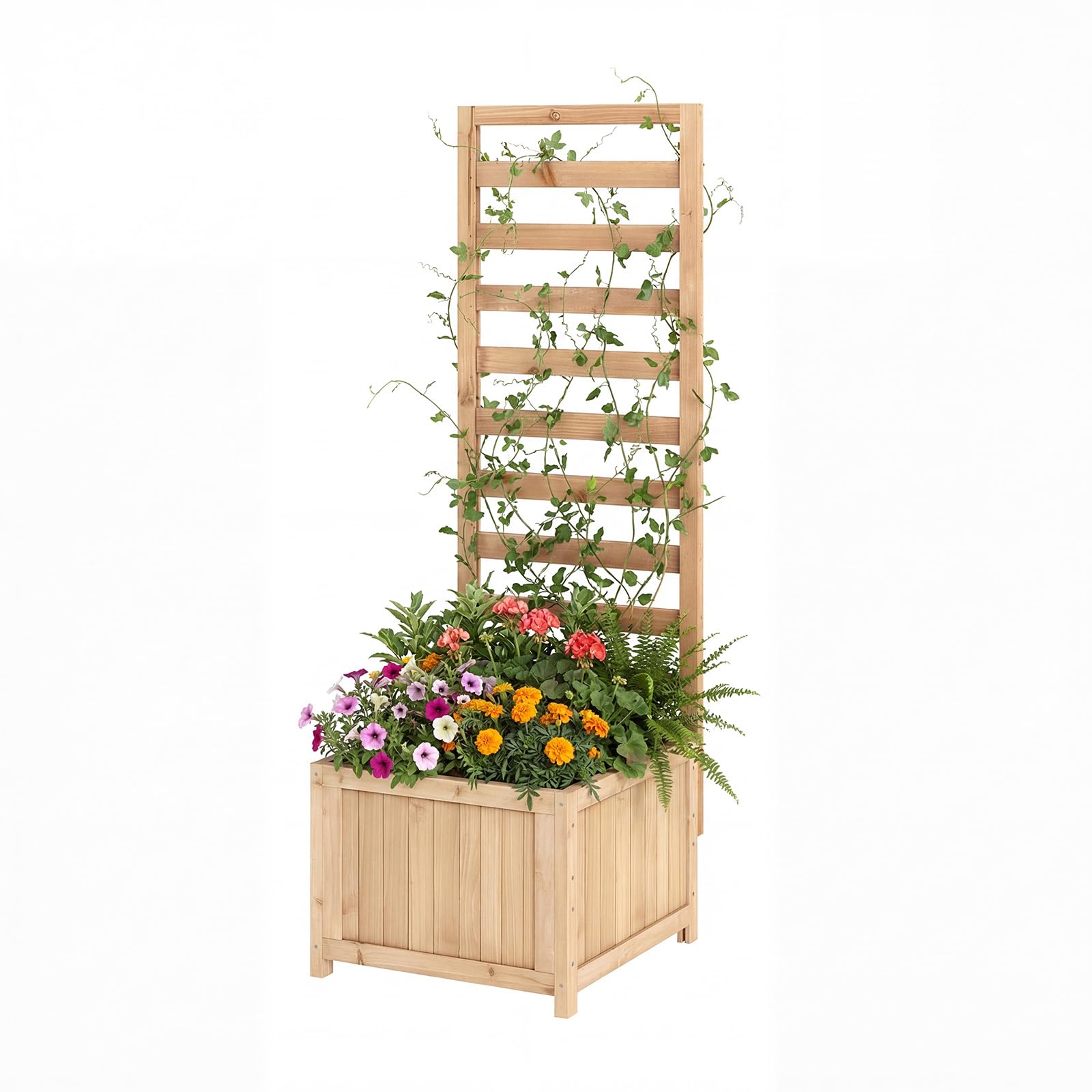 GOPLUS Blumenkasten mit Rankgitter, 123 cm Gartenbeet mit vertikalem Gitter, Abflussloch & tiefem Pflanzkasten, Hochbeet für Kletterpflanzen & Blumen, Blumenkübel Holz für Garten & Balkon (Natur)