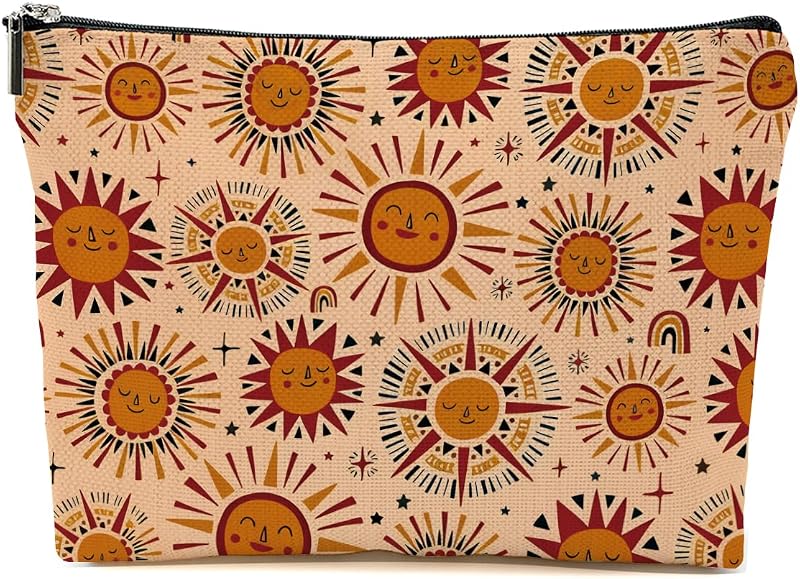 Necessaire de maquiagem Blue Leaves Boho Sun com zíper e estampa de rosto sorridente