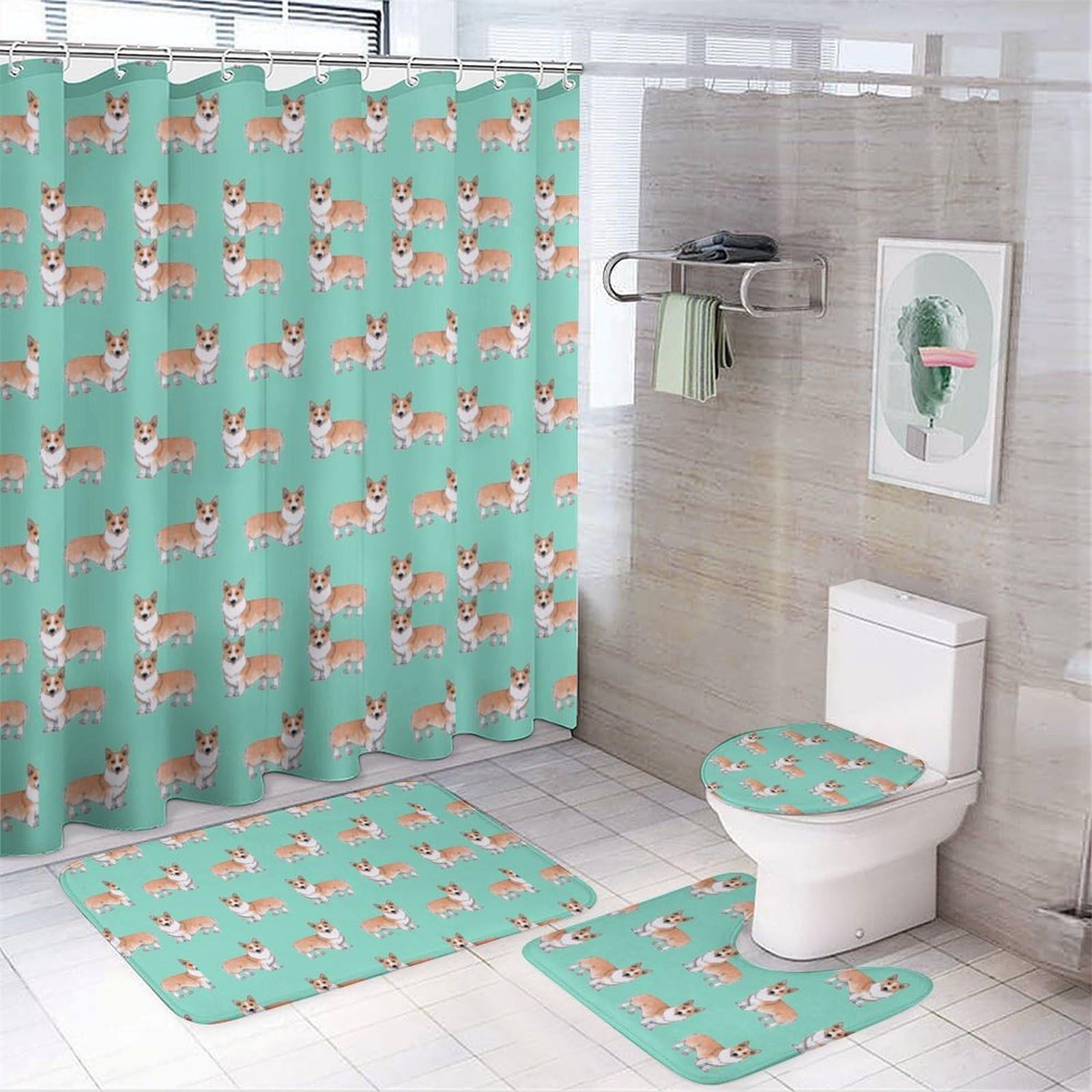 Wlntrophic Bathroom Mat Set 4 Piece, Cute Corgi Pet And Milk Tea Shower Curtain with Non-Slip Bath Mats for Bathroom