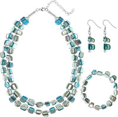 Seashell Necklaces Earrings Jewelry Set for Women Irregular Shell Necklaces for Women Mother Jewelry Set Light Blue