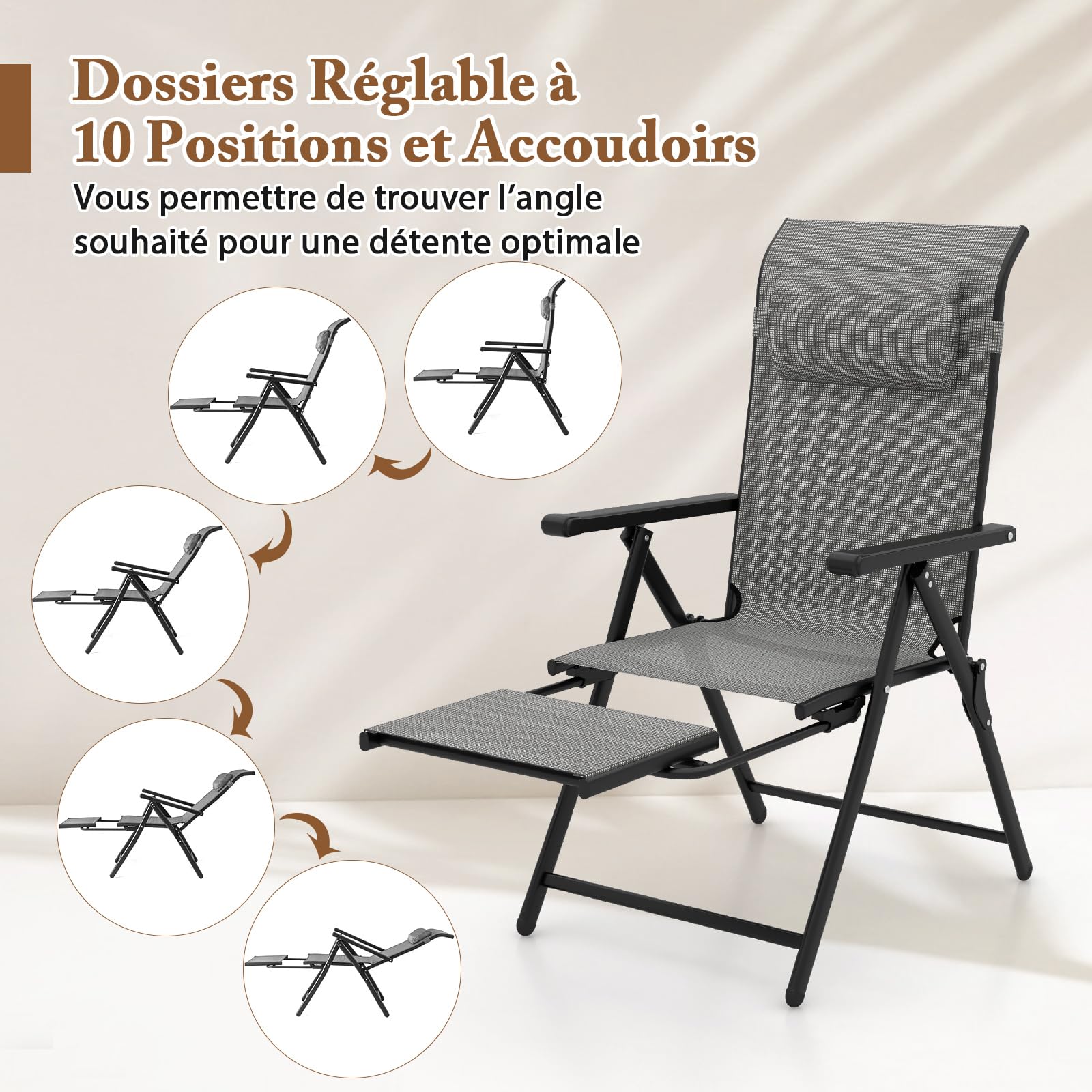 COSTWAY Chaises de Jardin Exterieur, Chaises Pliantes Réglables sur 10 Niveaux, Repose-Pied Rétractable, Appui-tête, Fauteuil Pliante pour Jardin Camping Piscine, Charge 150 kg (2)