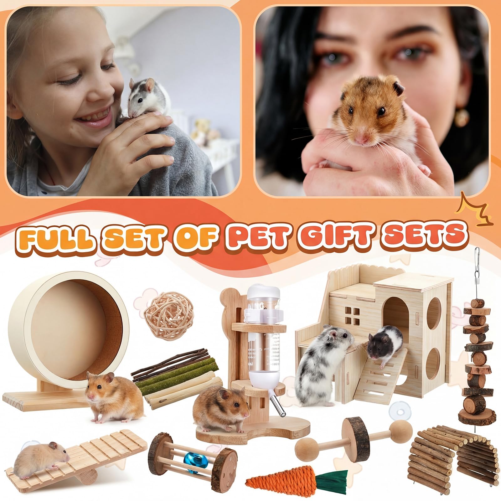 18-teiliges Hamsterkäfig-Zubehör, leises Hamsterrad, 15-teiliges Kauspielzeug-Set, Labyrinth-Holzhaus und Wasserflaschen-Set für Ratten, Mäuse, Kleintiere, Lebensraum (Harmonie-Holzstil)
