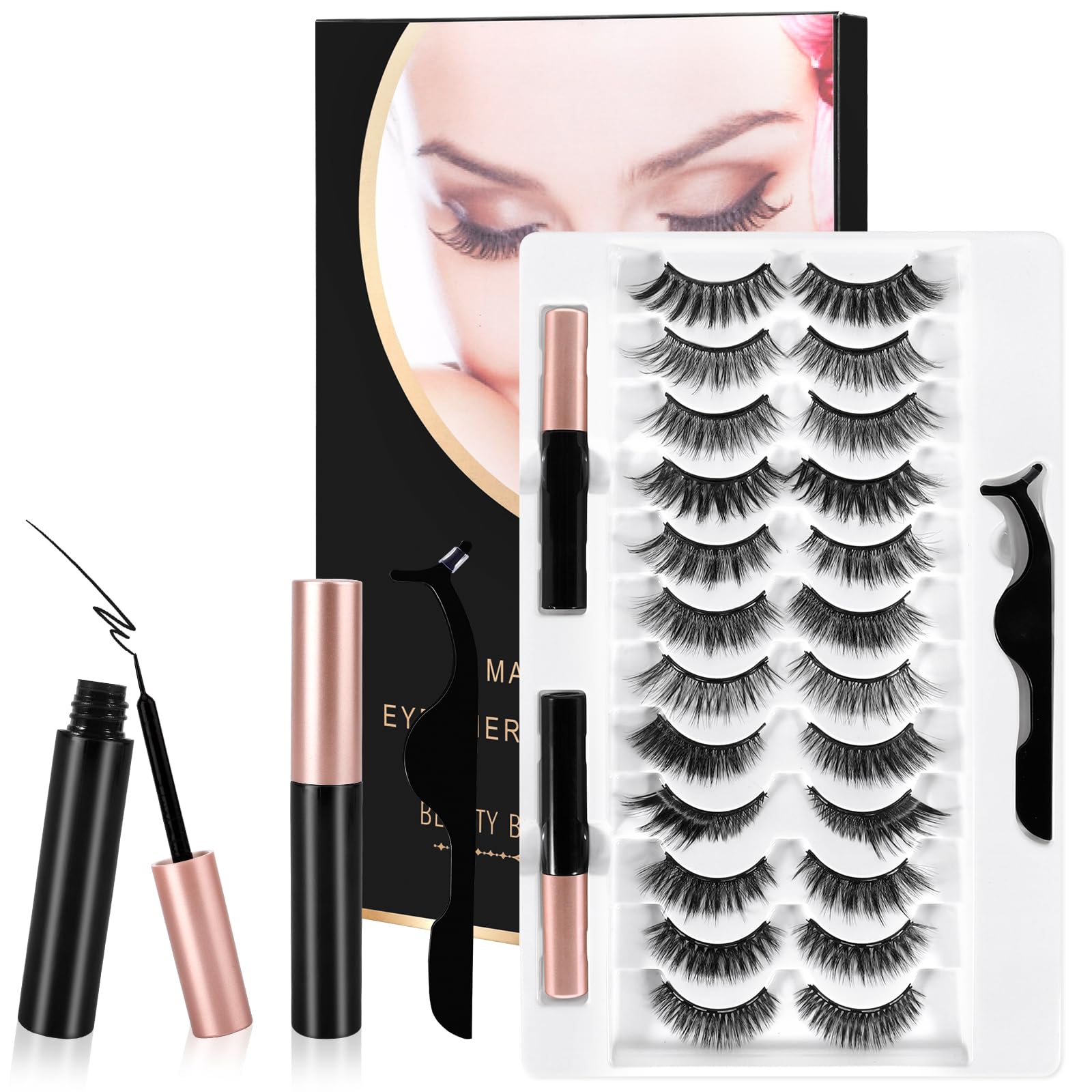 AOUVT 12 Pares de 3D Pestañas Postizas, Pestañas Magnéticas, Pestañas Magnéticas Reutilizables, Kit de Pestañas Magnéticas Naturales, Impermeable, Maquillaje de Larga Duracion - No Requiere Pegamento