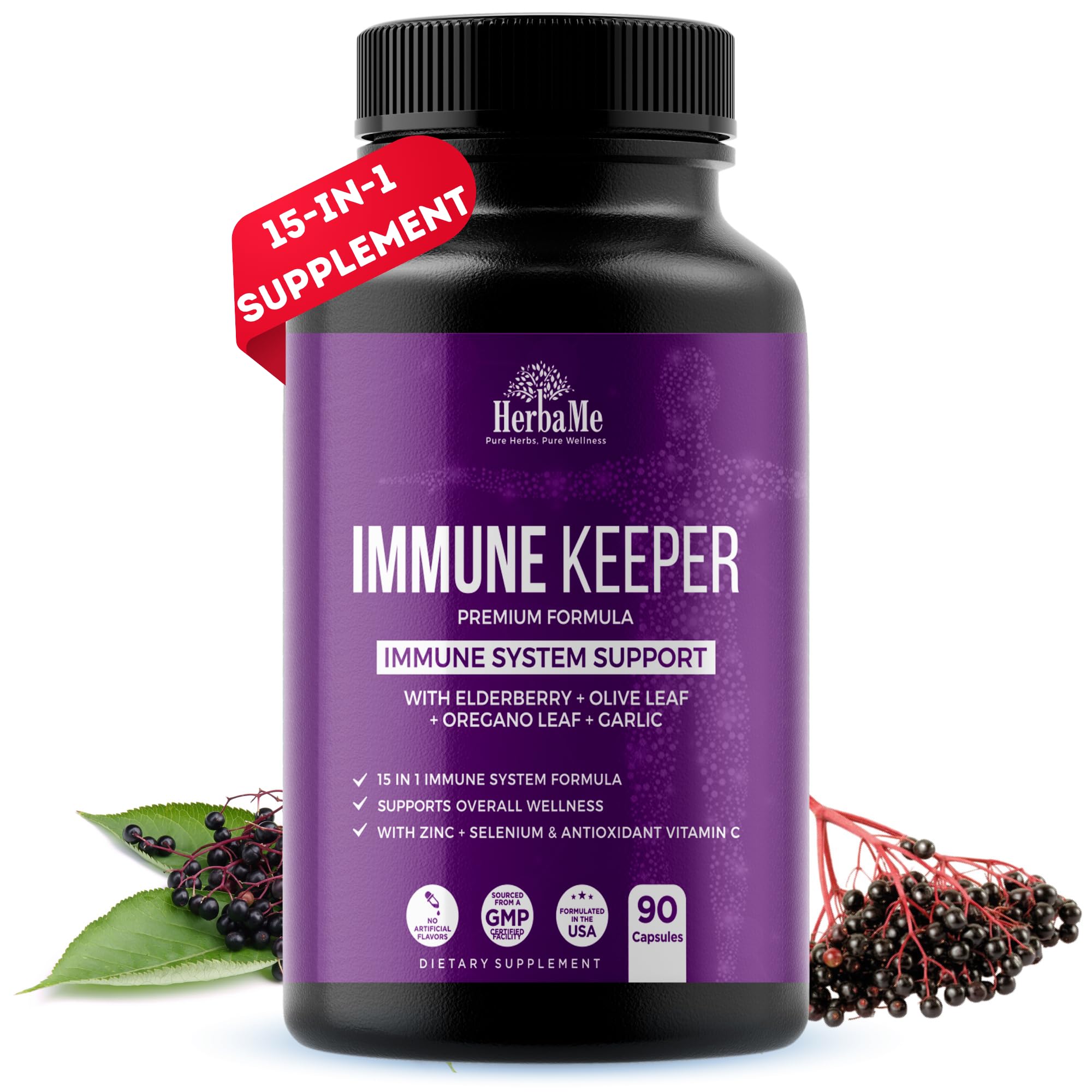 Immune System Support Supplement 15 in 1 with Elderberry, Quercetin, Zinc, Vitamin D, 90 Capsules, Support Natural Wellness, Immunity Booster with Selenium and Vitamin C Antioxidants