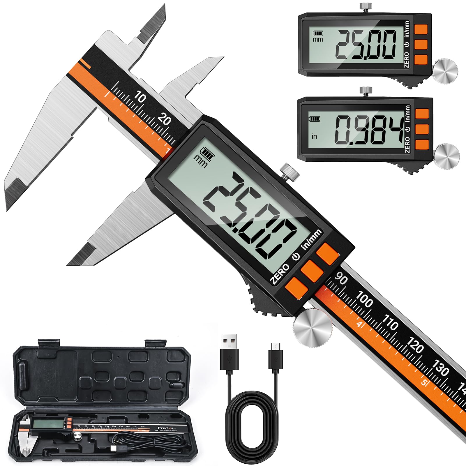 Digital Caliper 150MM USB Type-C Rechargeable IP54, Kingfoot Caliper with Large LCD Display, Stainless Steel Digital Vernier Caliper 0-150MM/6", Professional Precision Gauge