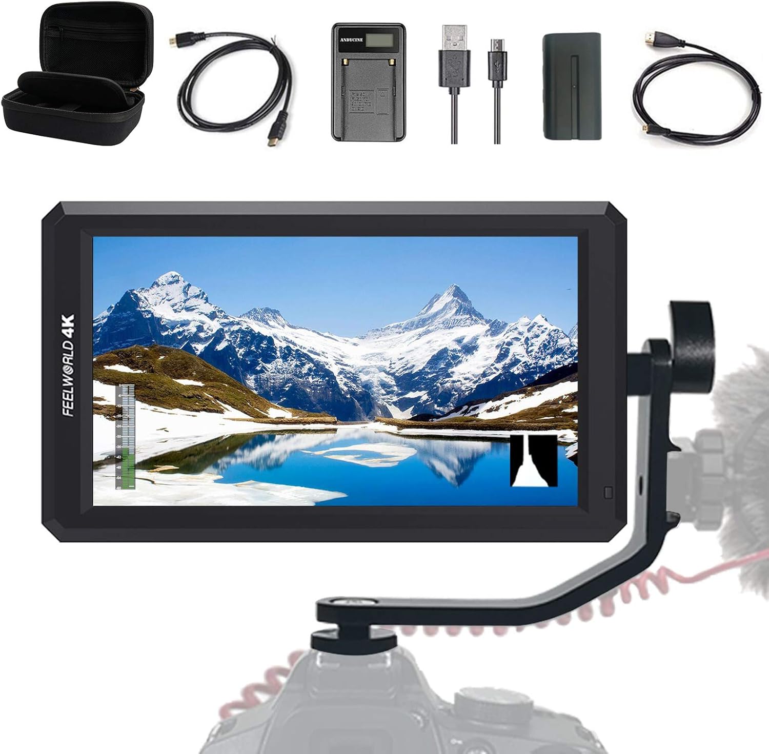 Best Promo FEELWORLD F6+Battery+ Battery Charger + Micro&Mini HDMI Cords 5.7Inch FHD IPS On Camera 4K HDMI Monitor with Swivel Arm and 8V DC Power Output