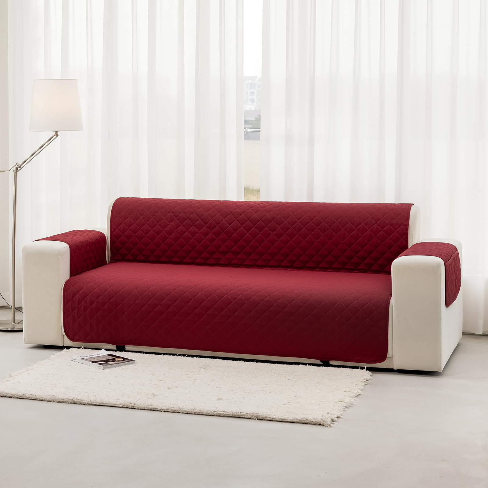 Funda de Sofa 4 Plazas 220 cm Impermeable, Fundas de Sofa Anti Gatos con Brazos, Protector Sofa Universal Reversible, Borgoña