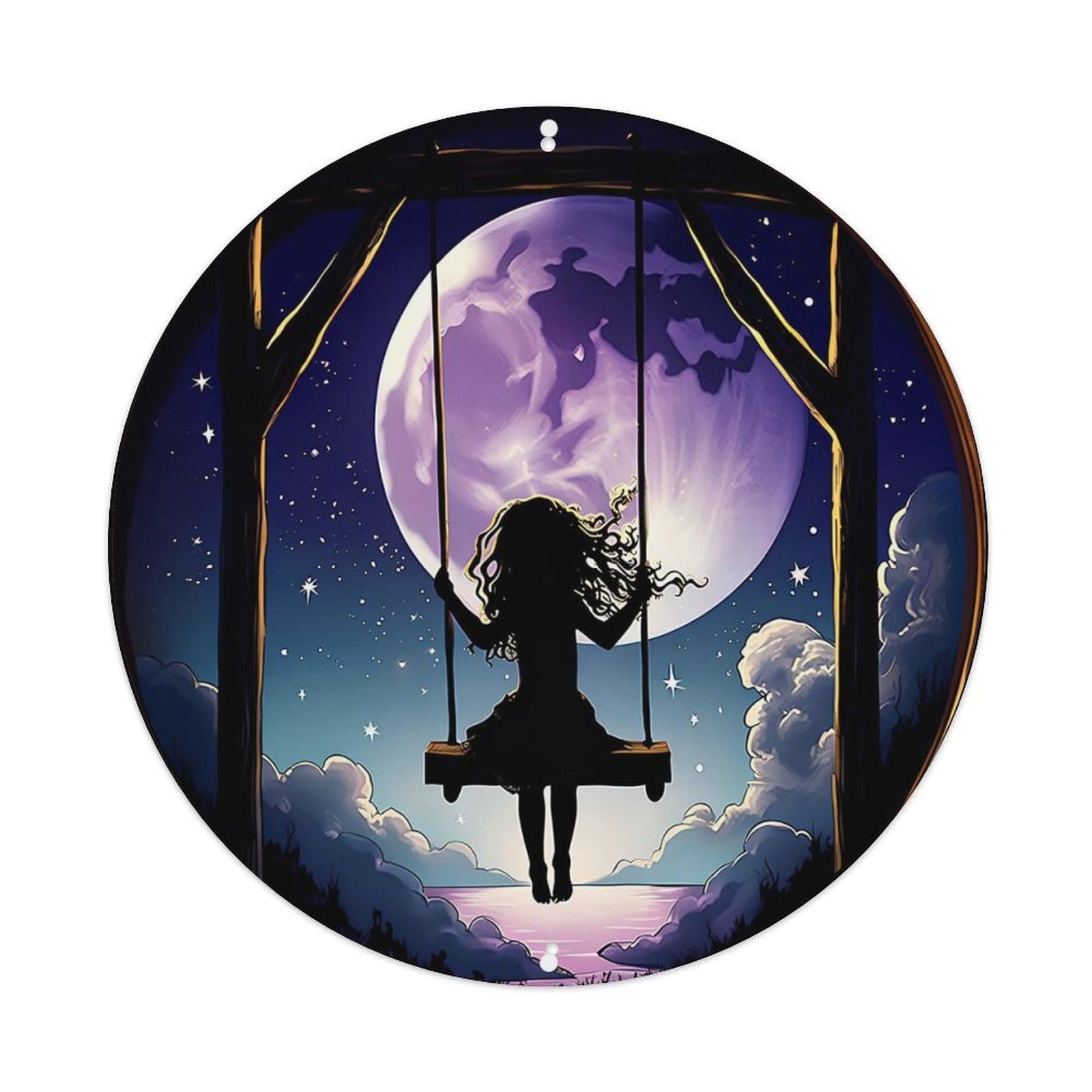 Moonlit Swing Silhouette Night Sky Round Metal Tin Sign Vintage Wall Decor, Bar Garage Cafe Kitchen Home Wall Art Poster 8x8inches