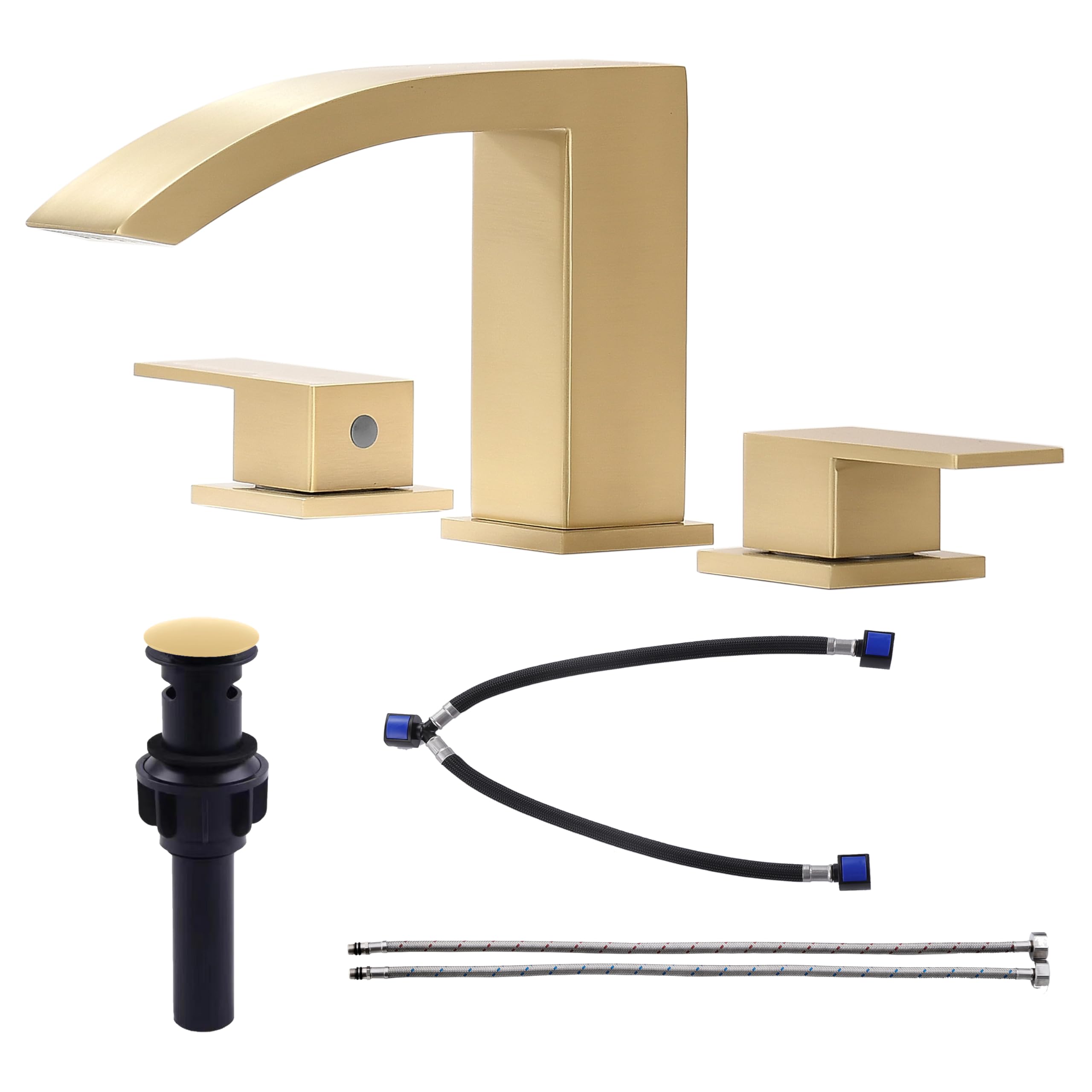 BRAVEBAR Wasserfall-Wasserhahn Für Waschbecken – Gebürstetes Gold, 2 Griffe, Mit Pop-Up Ablauf, 3-Loch Montage