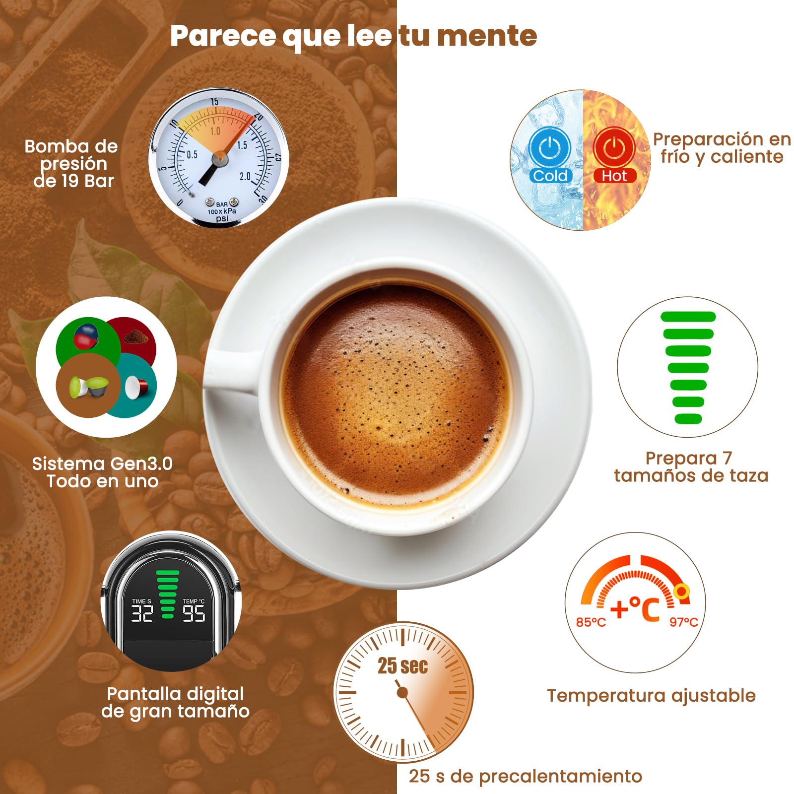 Magician1 Mini 5en1 Cafetera Cápsulas para Nespresso Original, Dolce Gusto, Lavazza A Modo Mio, ESE 44 y Café Molido, 20 Bares, 1450W, Pantalla LED, Máquina de Café Expreso Caliente o Frío