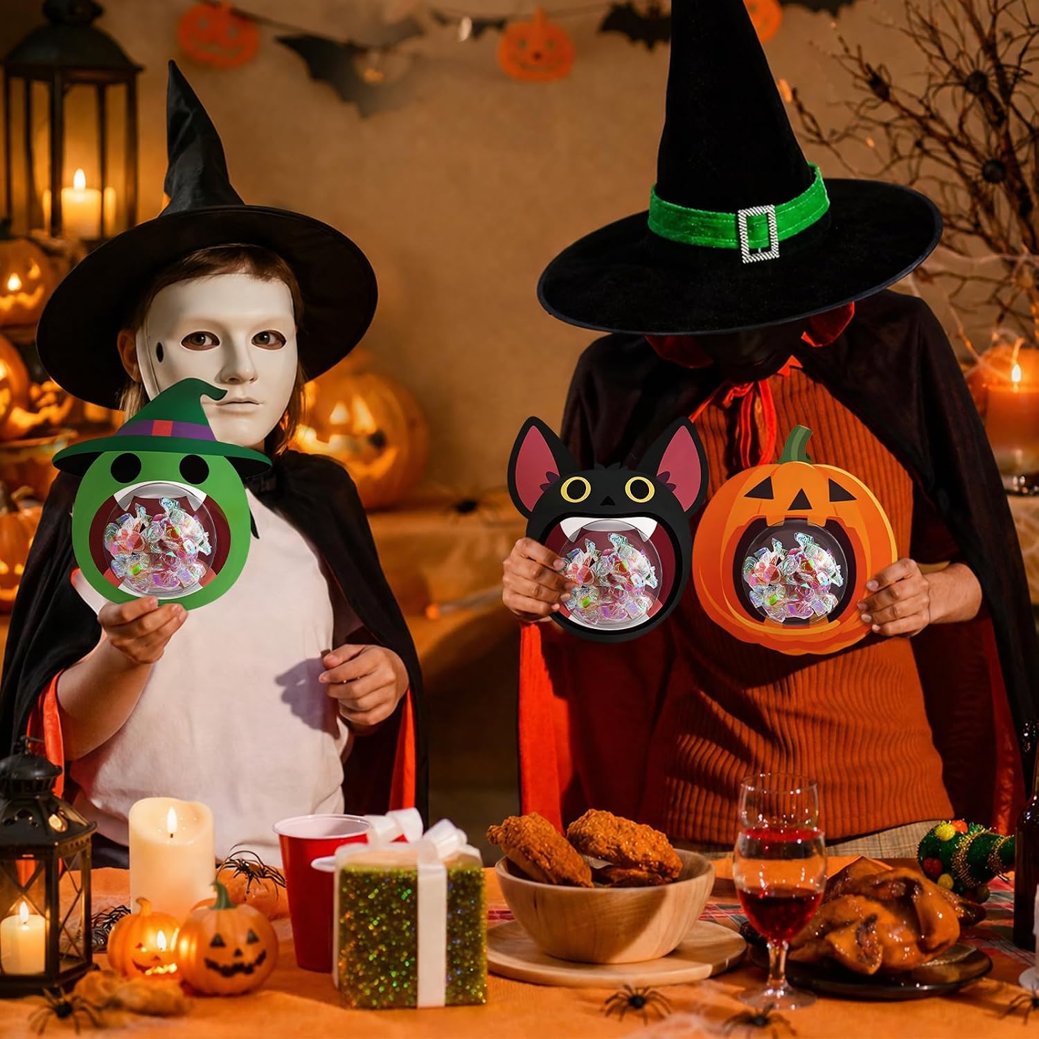 THAWAY 36 Pcs Halloween Candy Holder Cards with Clear Dome 9 Designs