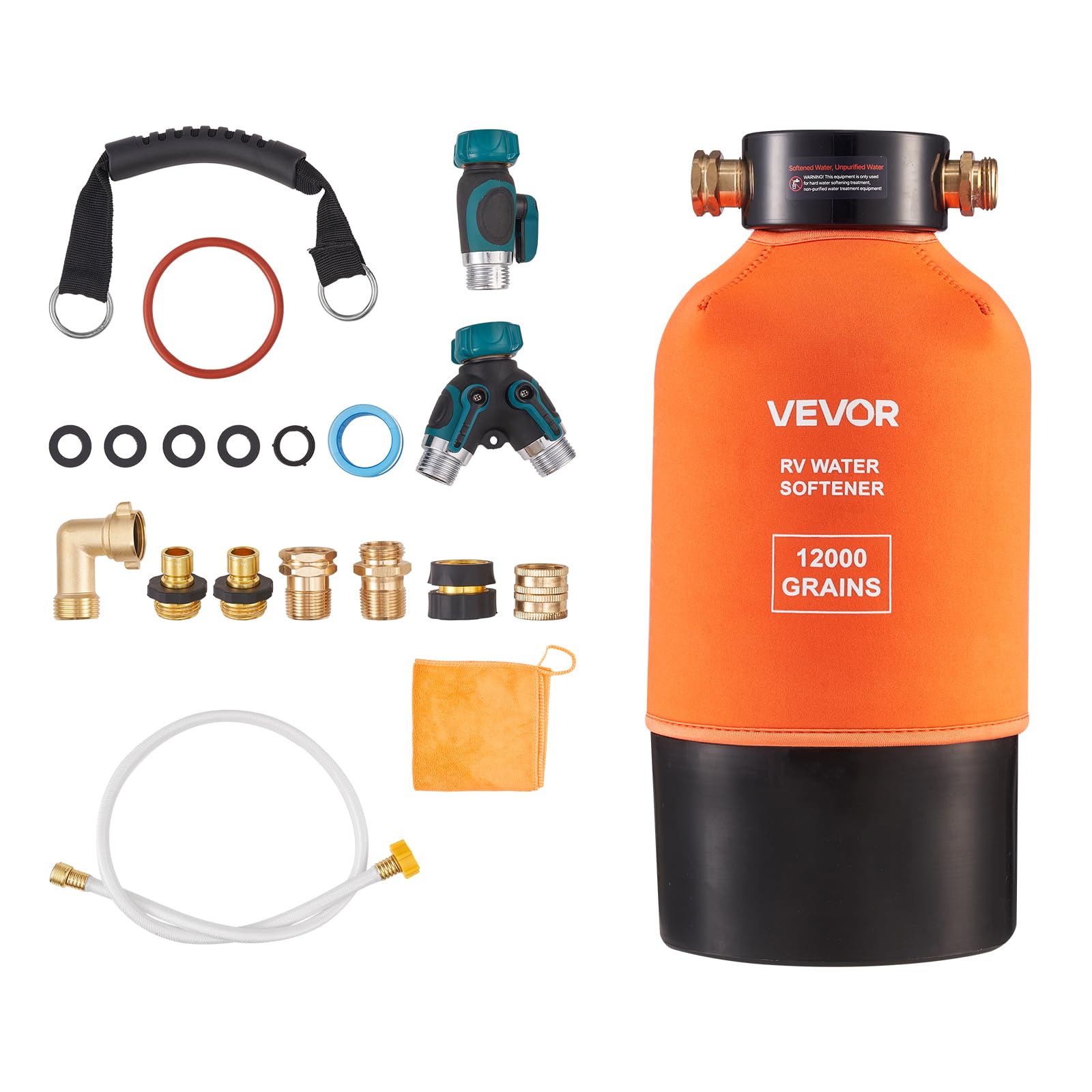 vevor rv water softener, 12,000 grain, portable water softener system with npt 3/4" fittings, food-grade resin, quick connect, convenient for rvs, trailers, boats, mobile car washing, pressure washing
