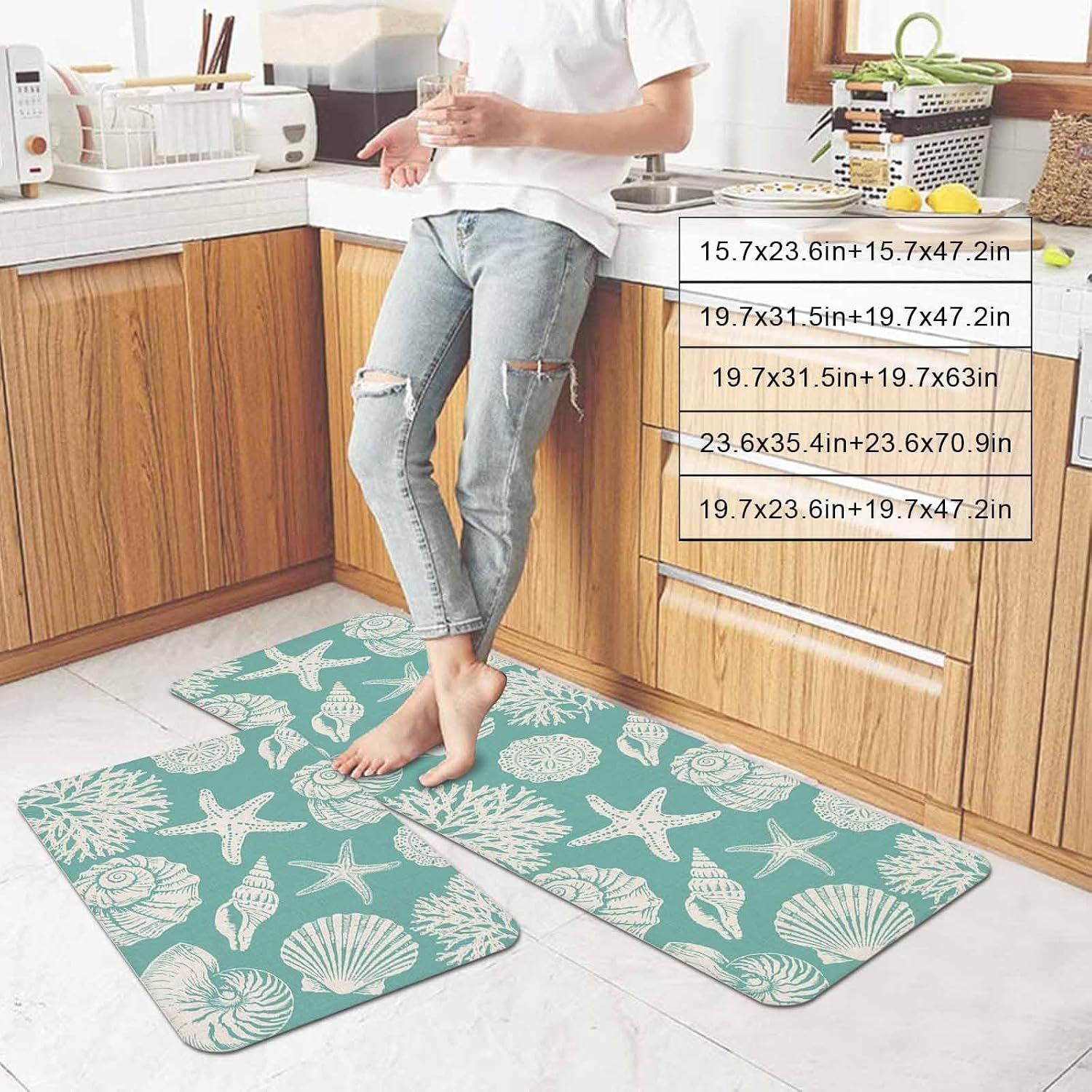 Summer Marine Life Kitchen Mats Set of 2 Graffiti Corals Shell Conch Sea Starfish Teal Non Slip Mat Washable Floor Rug for Kitchen Sink Floor Laundry, 19.7"x31.5"+19.7"x63"