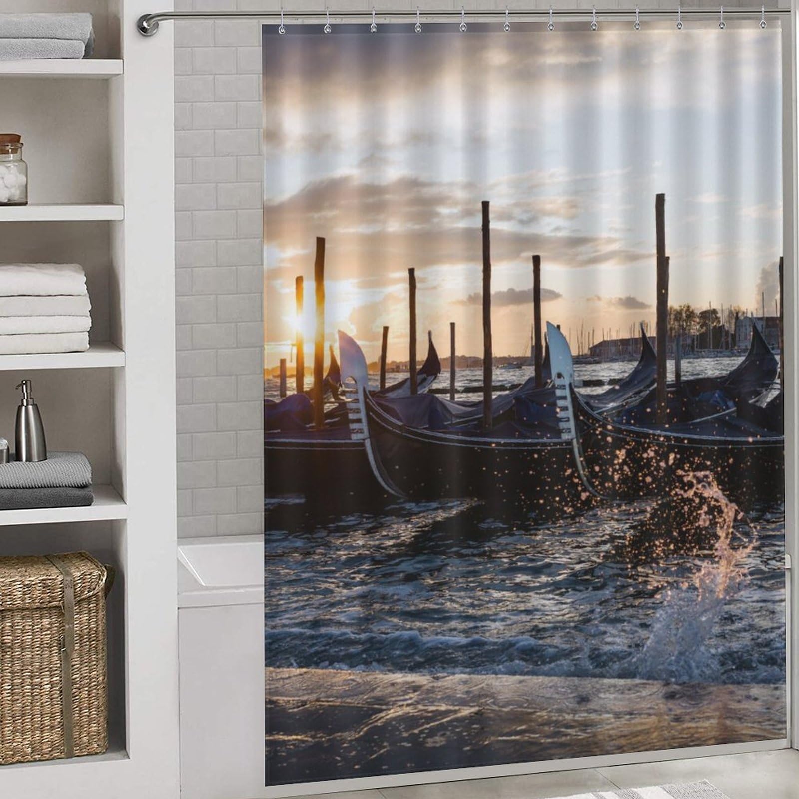Rideaux de bain Venise au lever du soleil lavables pour douche 163x180cm