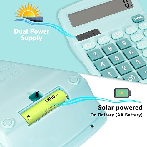 Miniatura 3 de Bonita calculadora de escritorio azul claro con botones grandes, fuente de alimentación doble, energía solar y batería, pantalla de visualización