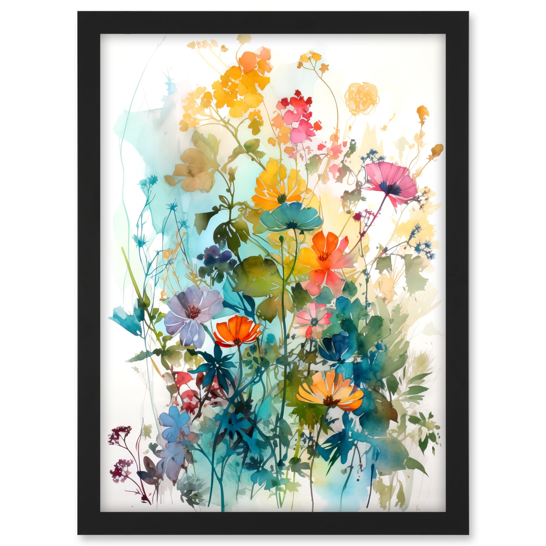 Artery8 Wild Flowers Watercolour Painting Rainbow Colour Bright Floral Spring Field Artwork Framed A3 Wall Art Print