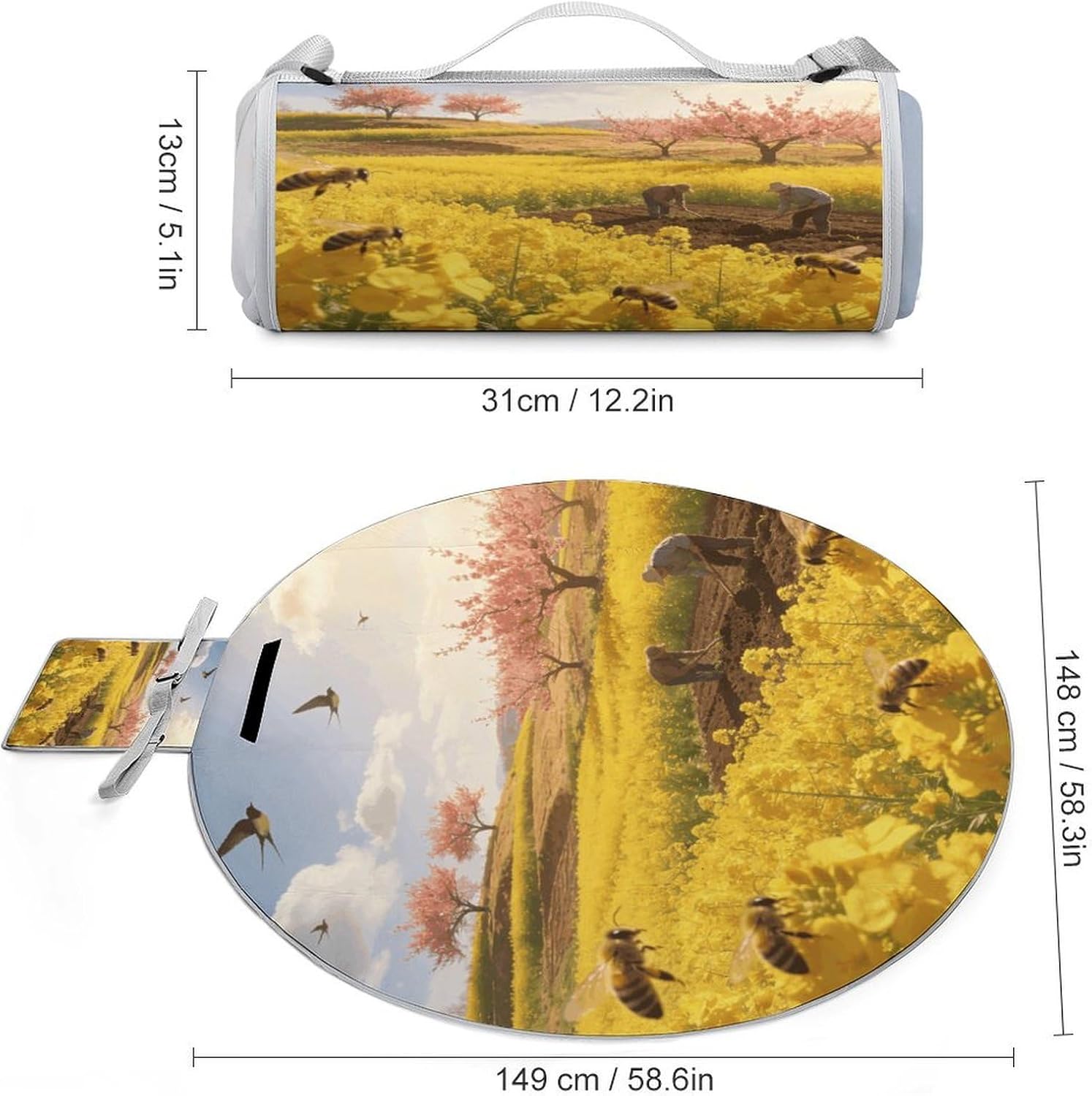 Spring Fields Are Busy with Ploughing Picnic Mat Lightweight Waterproof Picnic Blankets Extra Large Picnic Outdoor Blankets Foldable Sandproof Beach Blanket for Park Beach Camping Courtyard 58.3''x58.