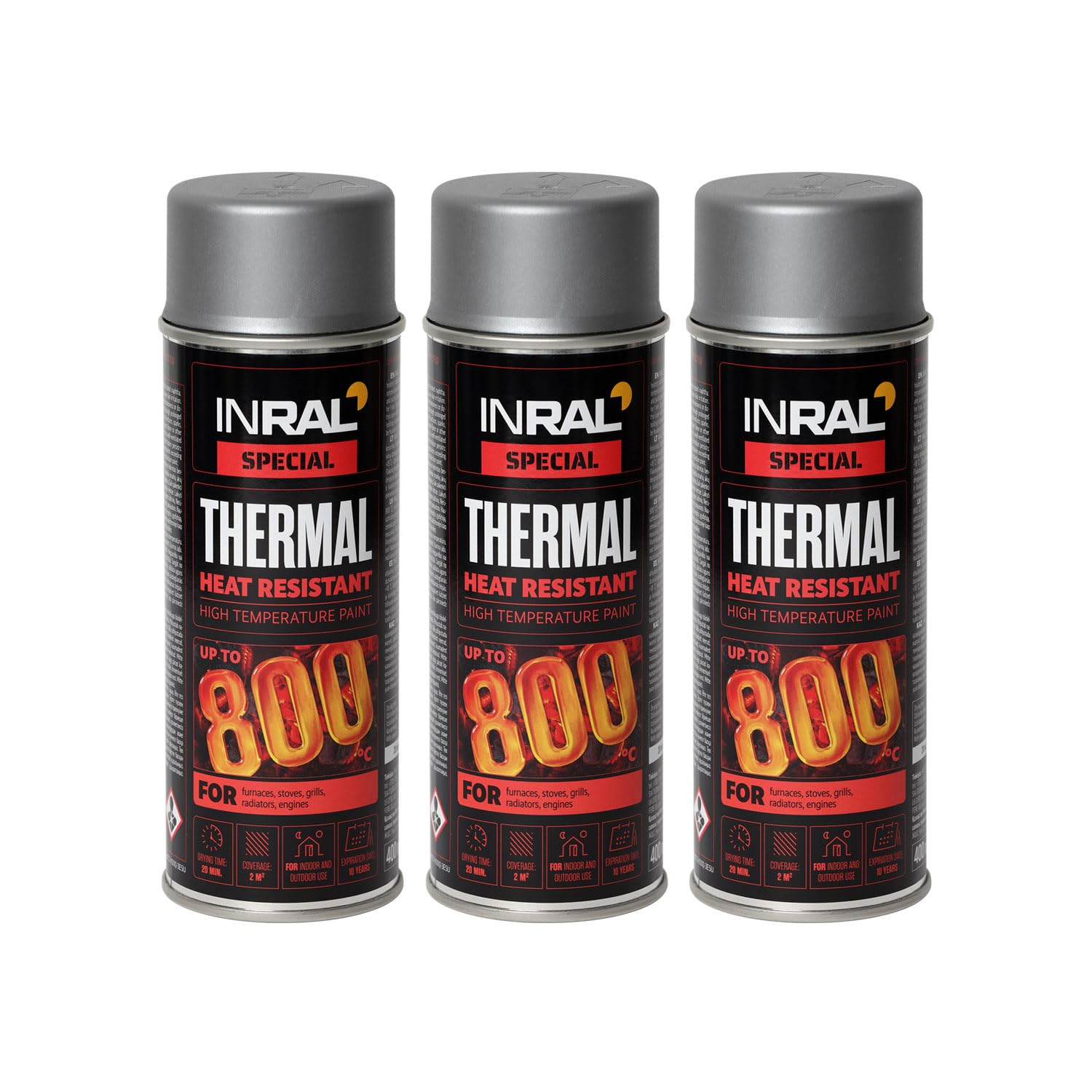 INRAL Hitzebeständiger Lack Aluminium –Auspufflack Aluminium Matt für Metalloberflächen - Langlebige, Hitzebeständige Farbe – 3 x 400 ml Schnell Trocknender Ofenlack Matt für Heimwerker