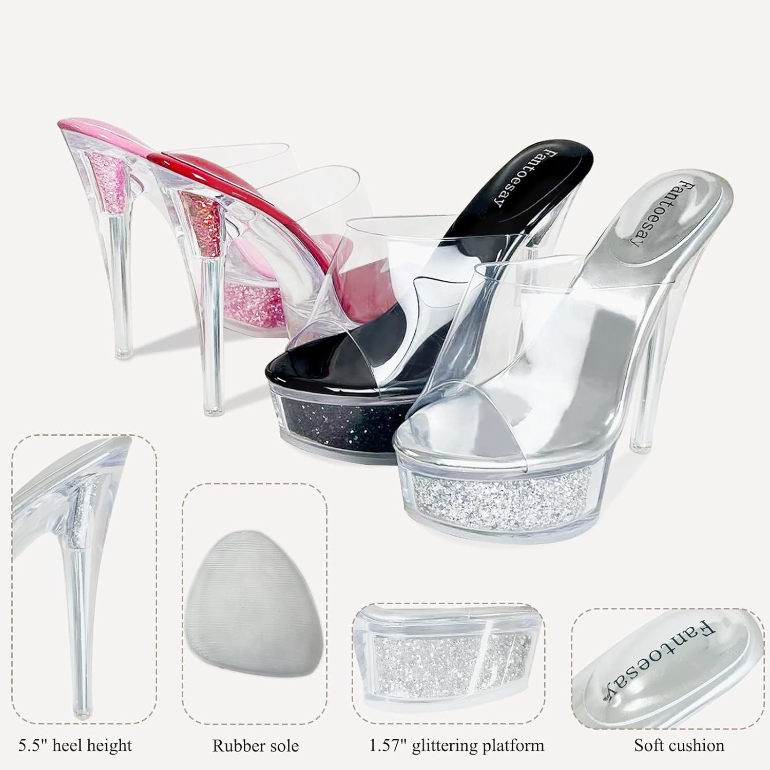 Fantoesay Women's Stiletto High Heeled Glitter Platform Sandals-Clear Sparkly 5 Inches+ Heels Sexy Slip on Shoes - Image 6