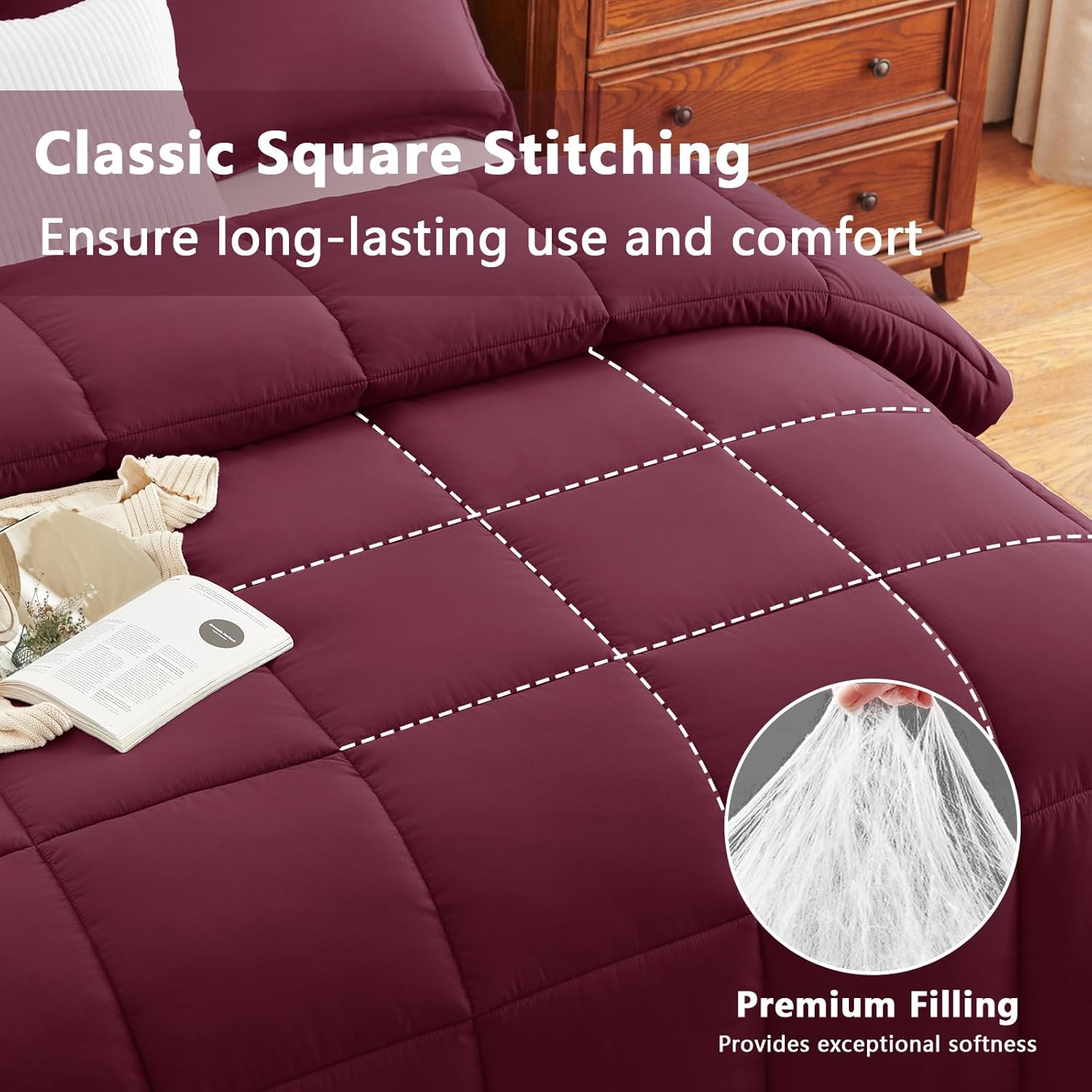 CozyLux Full Size Comforter Sets - Burgundy Comforter Full Size, 3 Pieces Box Stitched Bed Set for All Seasons, Soft Lightweight Bedding Sets with 1 Down Alternative Comforter and 2 Pillow Shams - Image 2