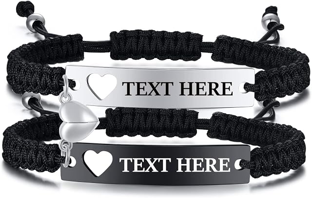 TempBeau Couple Bracelet Friendship Braided Black : Men Women Bracelets Adjustable with Stainless Steel Heart for Boy Friend Girl Friend Husband Wife Family Valentine Gift