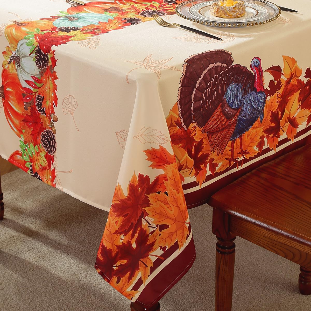 SASTYBALE Thanksgiving Tablecloth 60 x 140 Inch Rectangle, Vintage Farmhouse Extra Long Turkey & Pumpkin Tablecloth, Spillproof Wrinkle Resistant Durable Table Cover for Fall, Harvest, Holiday