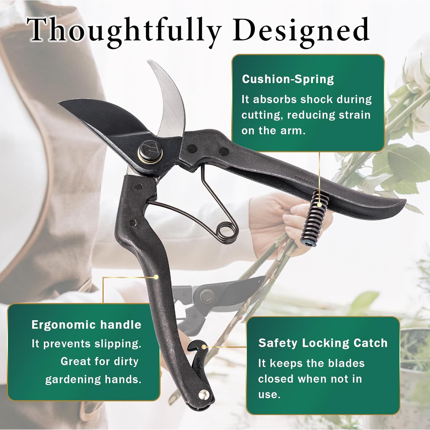 Japanese-Made Bypass Pruning Shears, Hand Pruner for Live Branches & Stems up to 0.59 Inch, Precision Garden Tool for Gardening, Bonsai, Flowers & Plants (Cusion-Spring Model)