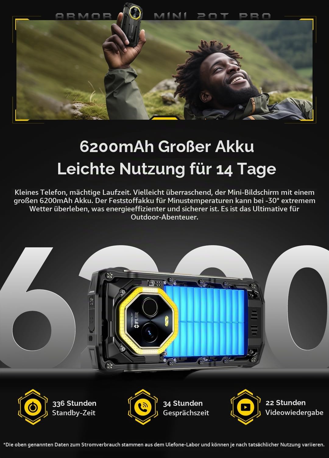 Ulefone Armor Mini 20T Pro 5G Thermografie (Lepton 3.5) Outdoor Smartphone Handflächengröße,16GB+256GB, 6200mAh Batterie Drahtloses Laden, 50MP Kamera, 4,7" HD+, IP68 Wärmebildkamera Android 14, NFC