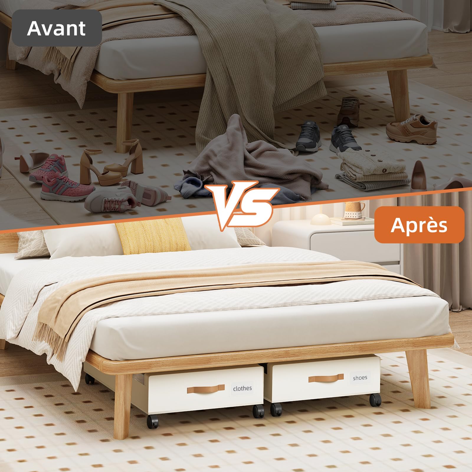 Somdot 2 Contenitori Sottoletto, Scatole Pieghevoli da 48 L con Ruote, Coperchio e Chiusura Lampo, Ideali per Vestiti, Biancheria da Letto e Scarpe, 43.5P x 78.5l x 17H, Beige