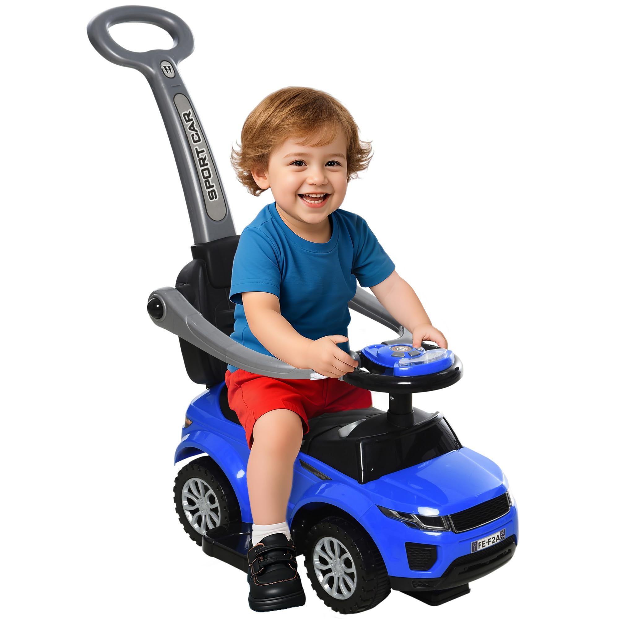 Coche de empuje 2 en 1 para niños pequeños – Cochecito de paseo para niños con cuerno, música, función de luz, barra de seguridad, juguete deslizante para niños y niñas de 1 a 3 años, color azul