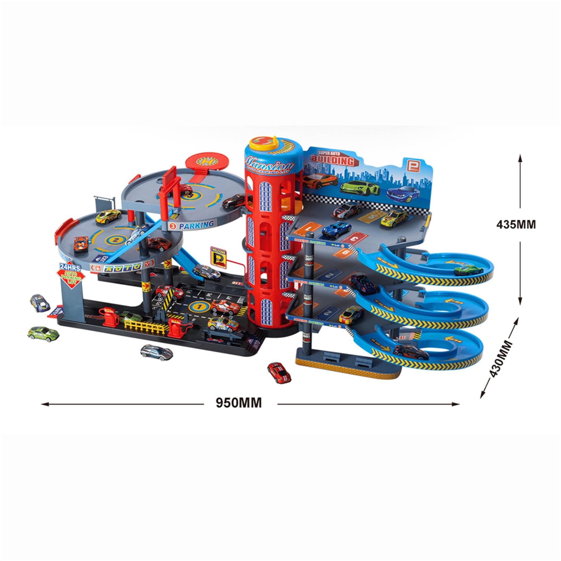 Grande parcheggio con 8 auto giocattolo – Parcheggio per bambini dai 3 anni in su, garage giocattolo con ascensore, rampe e cartelli stradali, set da gioco in plastica, multicolore