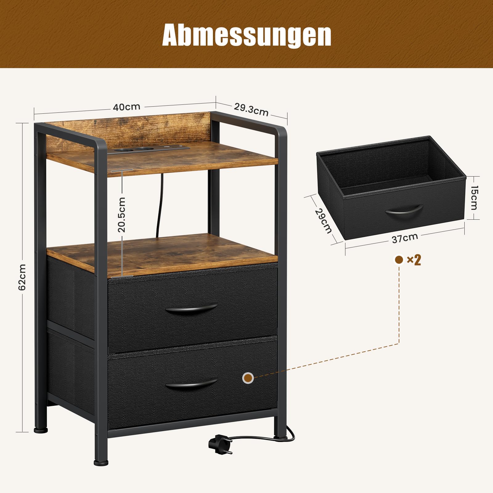 YOUDENOVA Nachttisch 2er Set mit LED-Beleuchtung, Nachtschrank mit Ladefunktion, Beistelltisch mit 2 Schubladen und 2 Offene Regale, Couchtisch fürs Wohnzimmer, Schlafzimmer, Vintage Braun