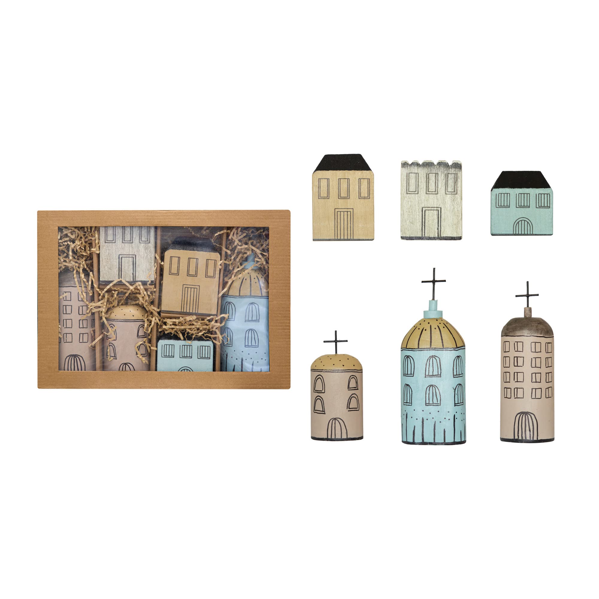 Creative Co-Op14-1/4"L x 9-1/2"W Hand-Painted Wood Village, Multi Color, Boxed Set of 6 ©